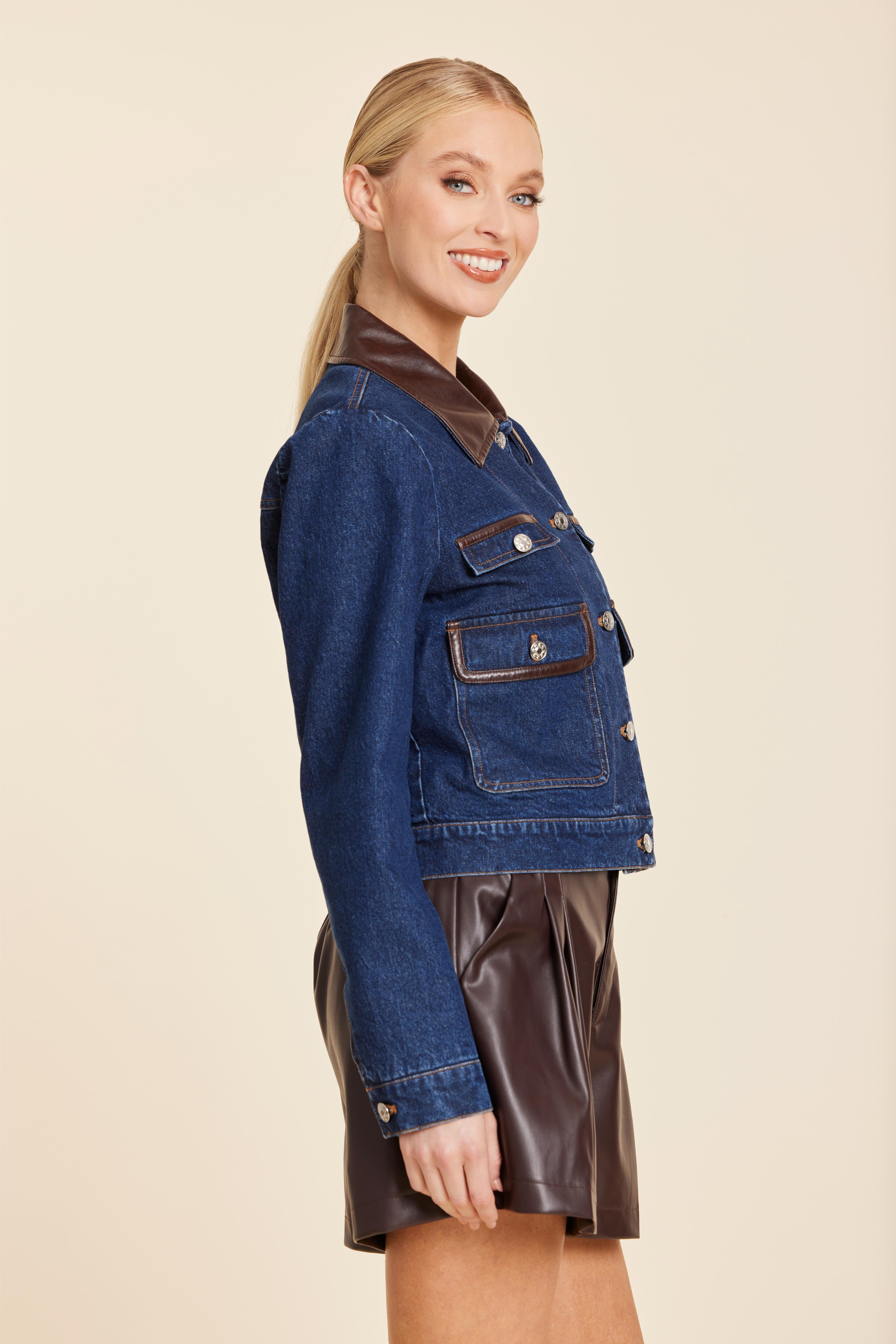 Faux Leather Trim Denim Jacket