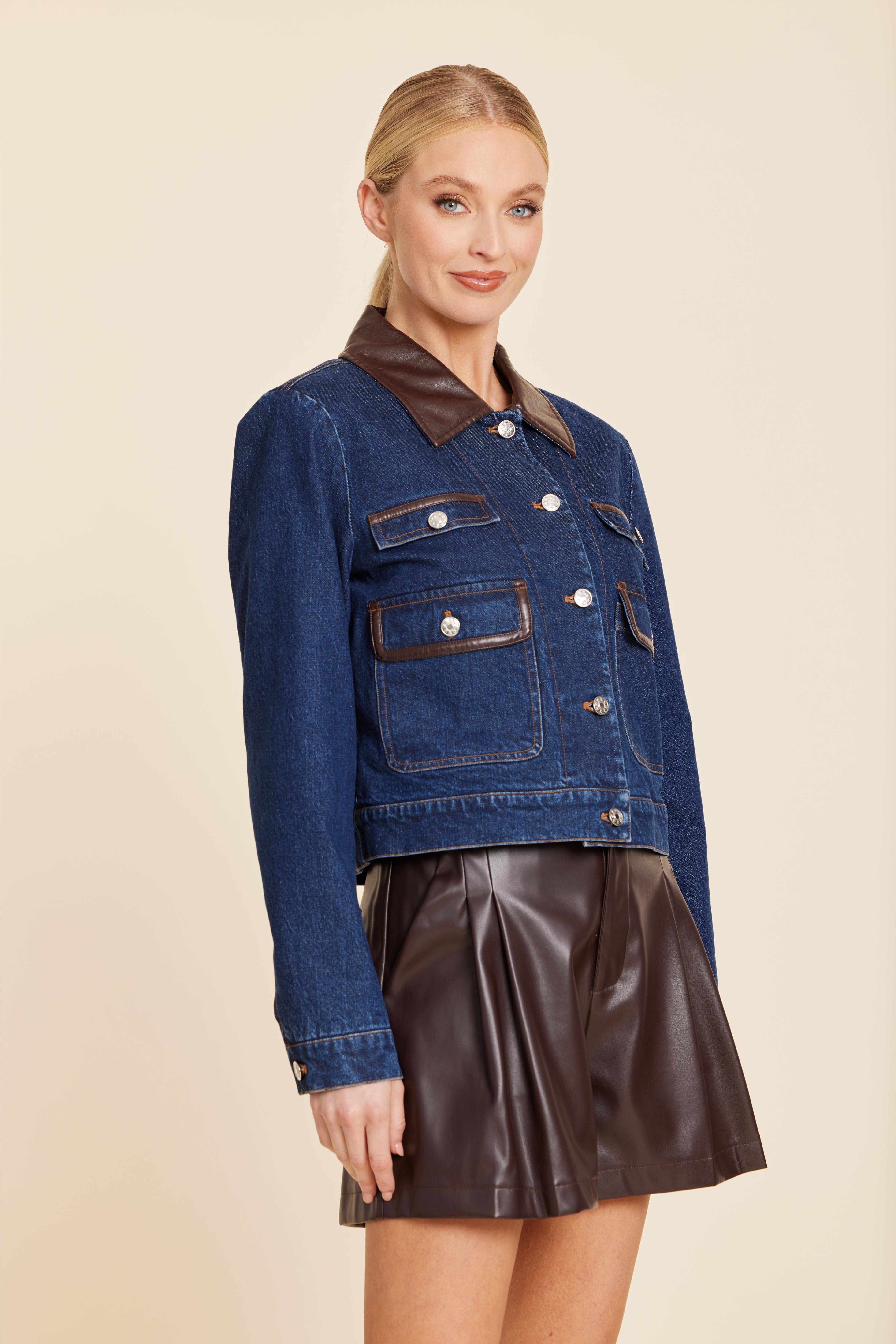 Faux Leather Trim Denim Jacket
