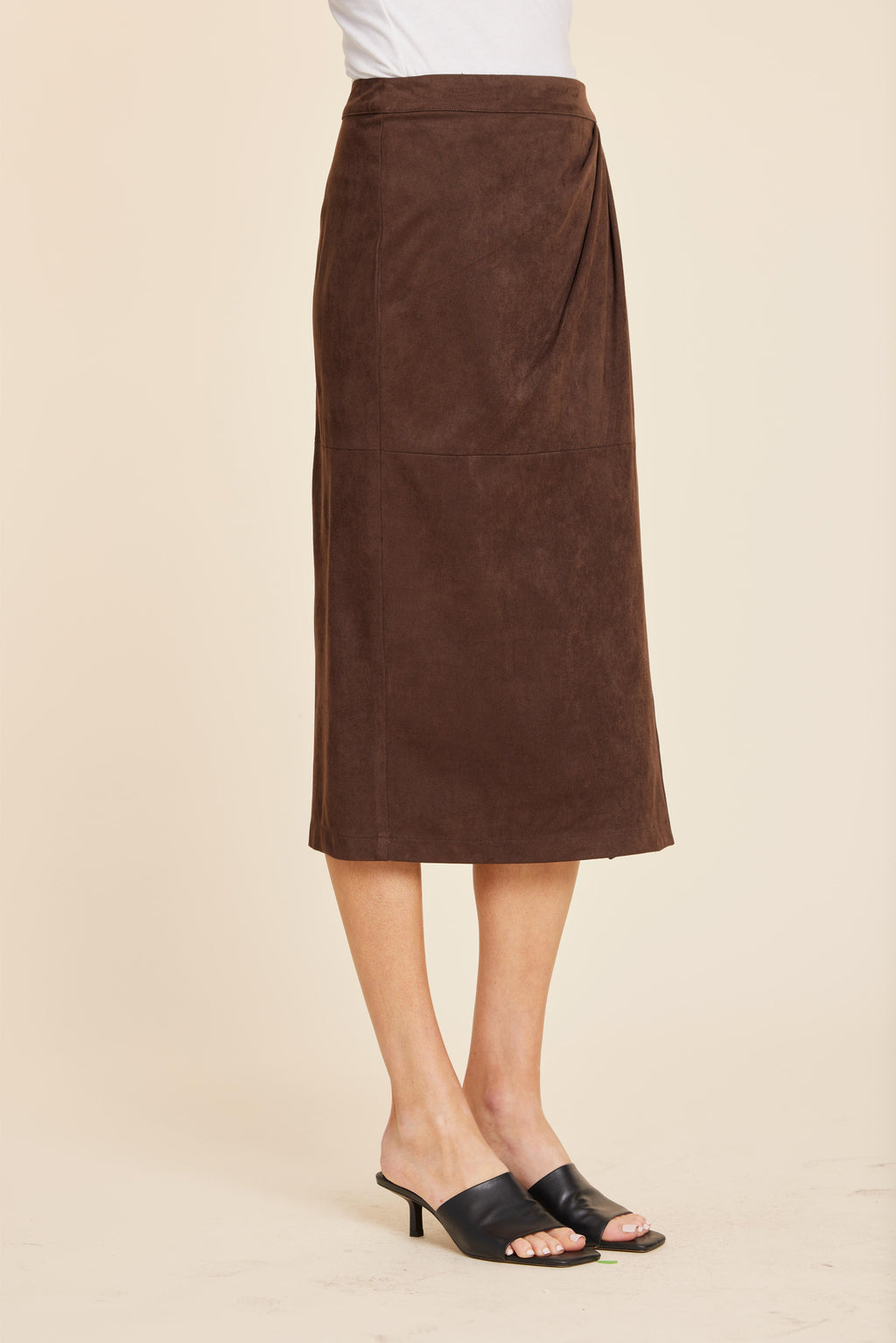 Faux Suede Ruched Midi Wrap Skirt