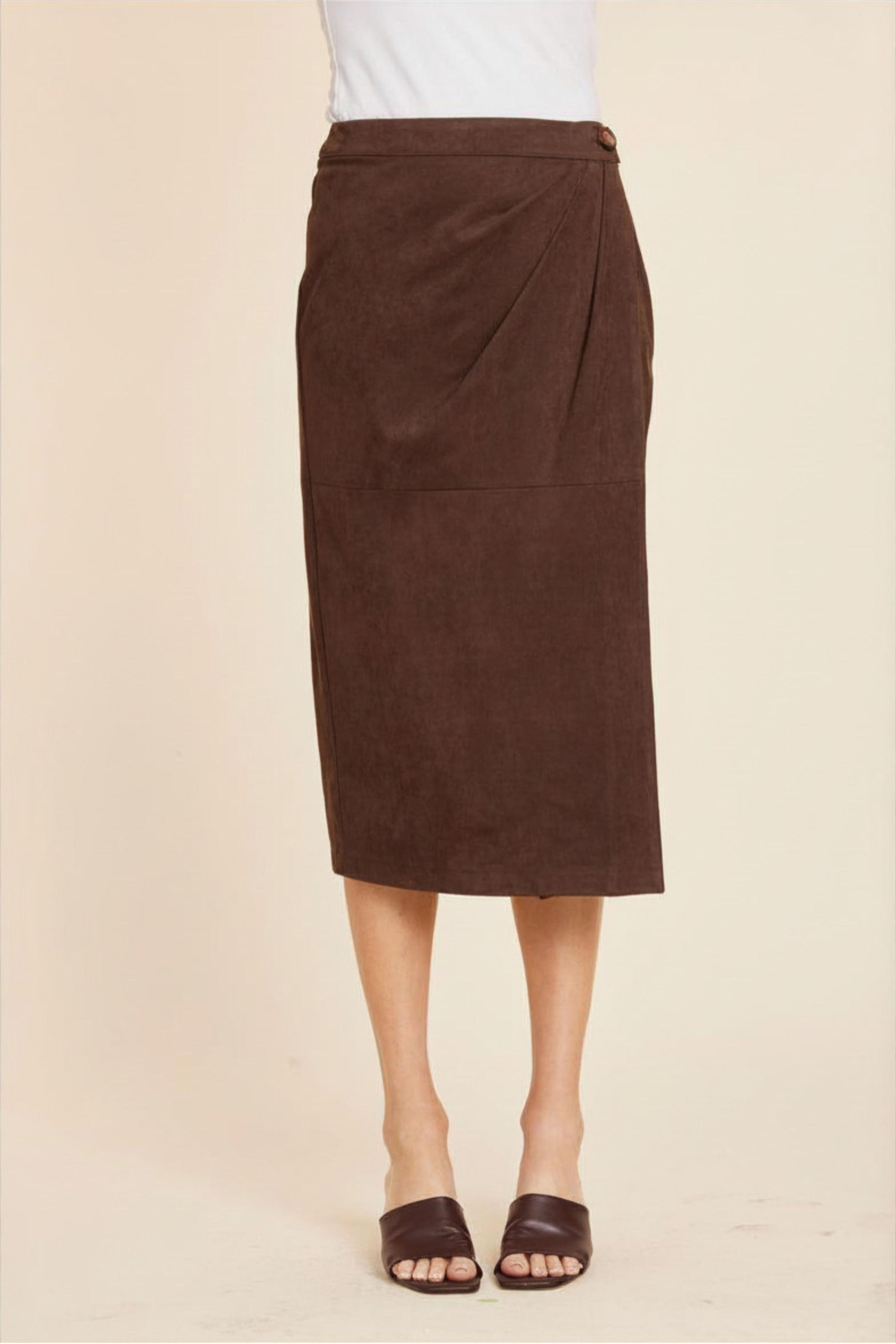 Faux Suede Ruched Midi Wrap Skirt