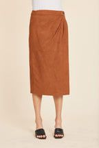 Faux Suede Ruched Midi Wrap Skirt