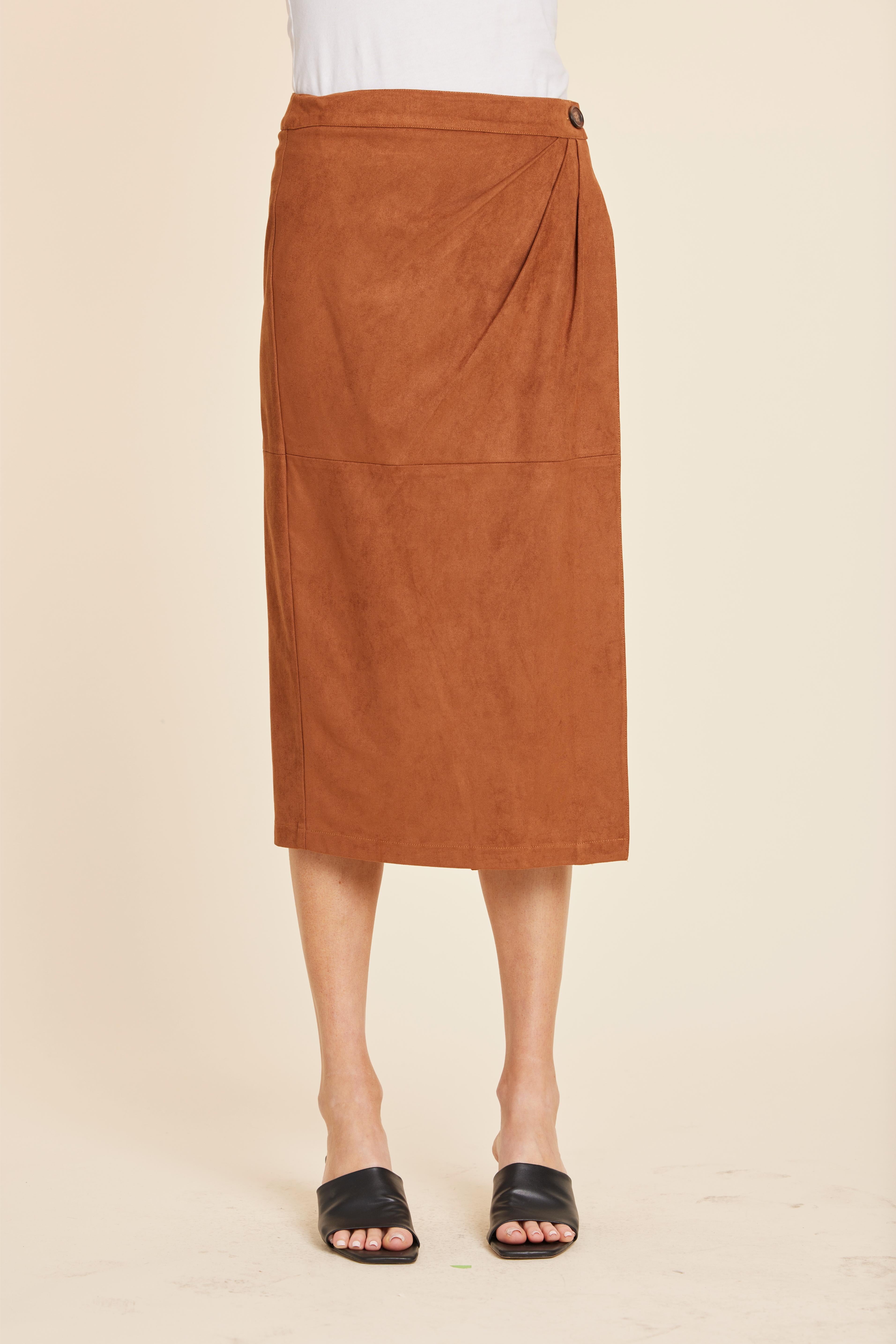 Faux Suede Ruched Midi Wrap Skirt