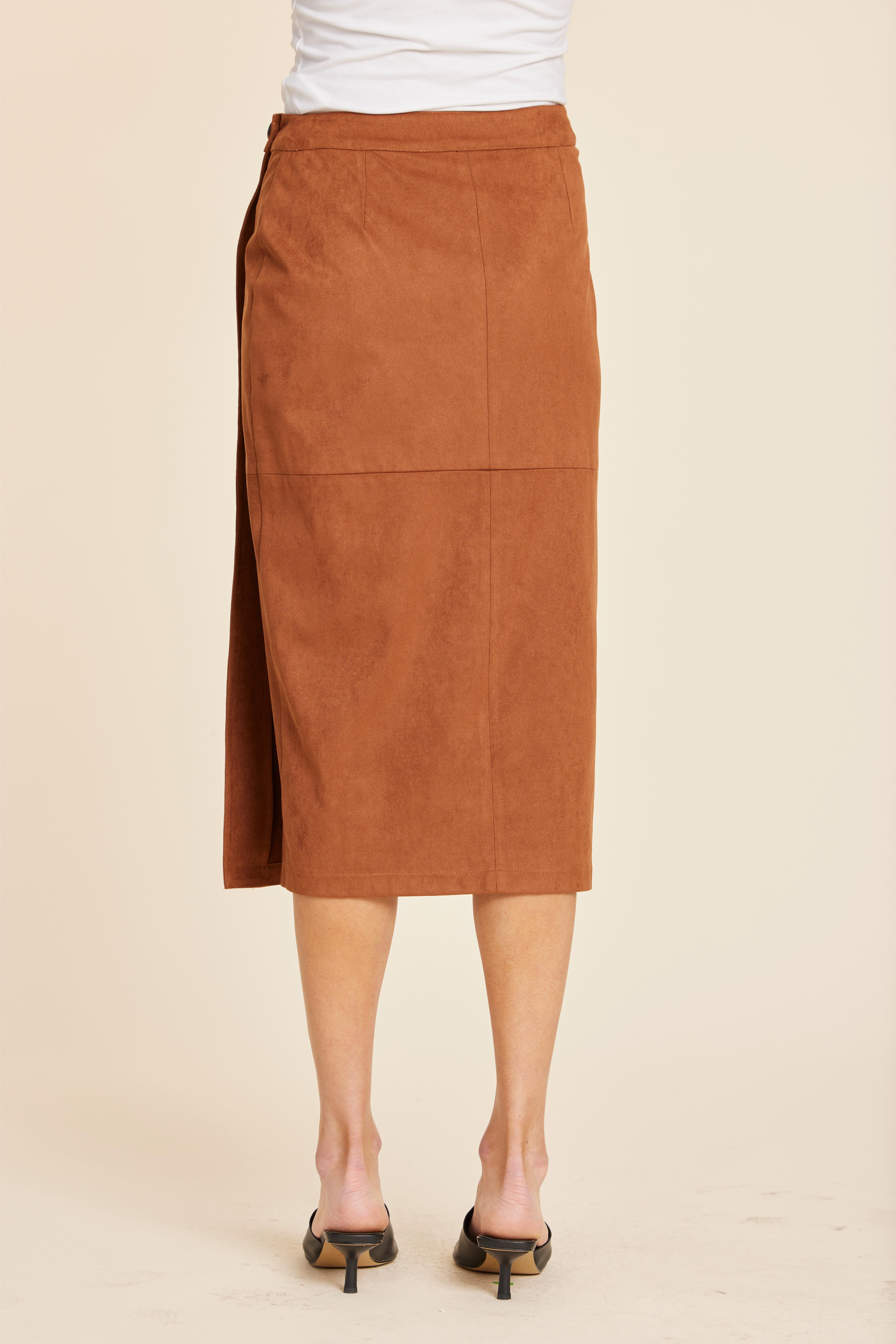 Faux Suede Ruched Midi Wrap Skirt