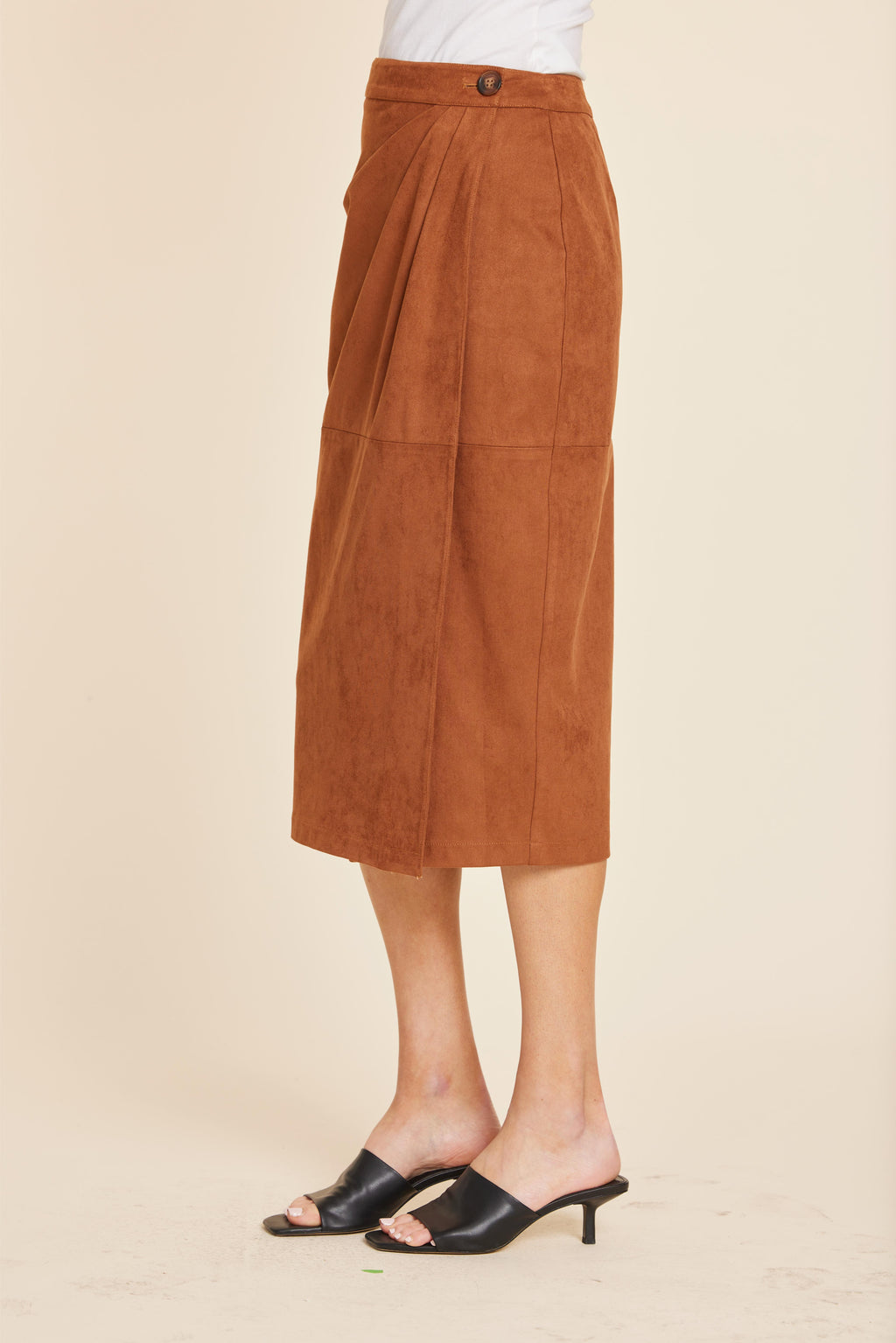 Faux Suede Ruched Midi Wrap Skirt
