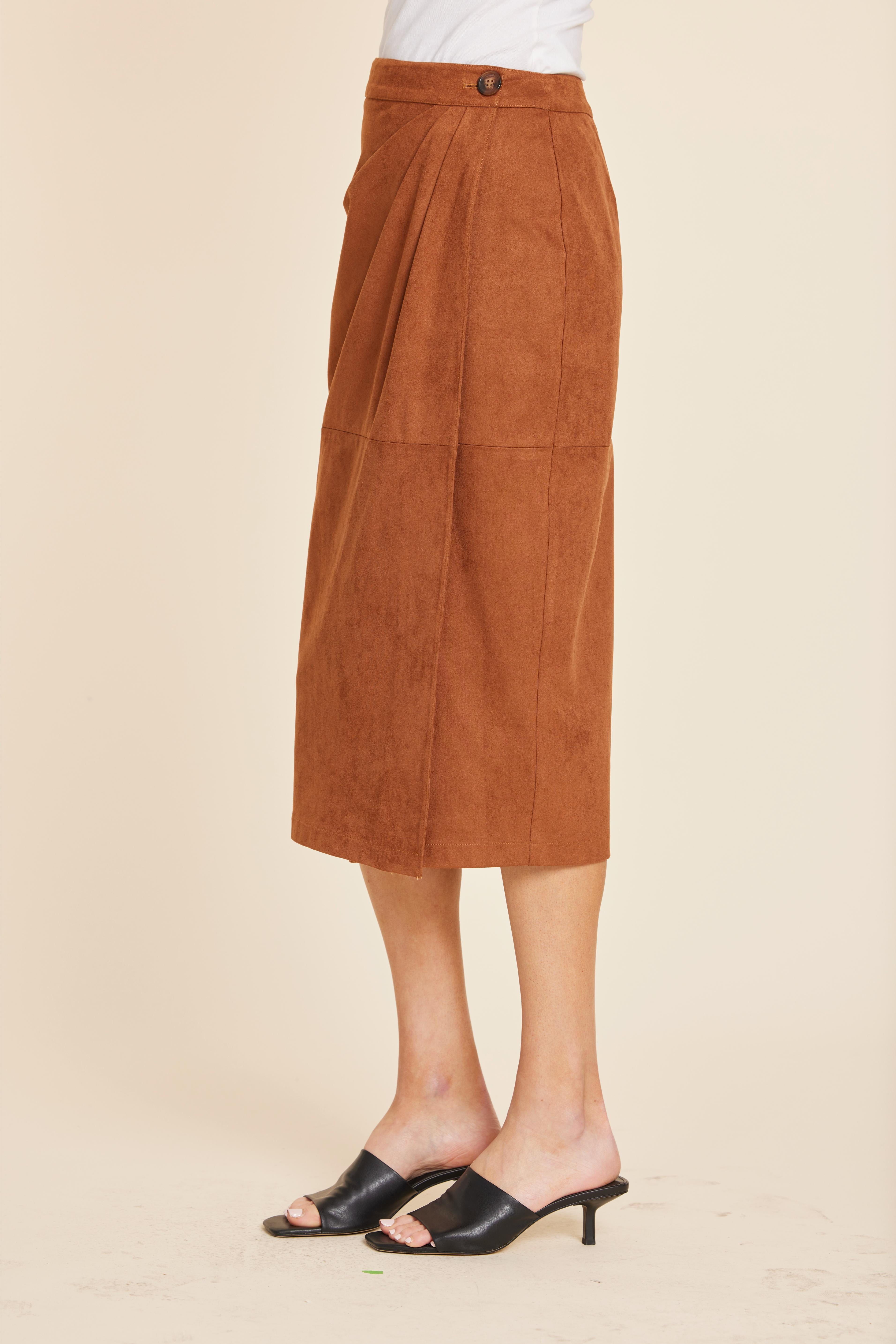 Faux Suede Ruched Midi Wrap Skirt