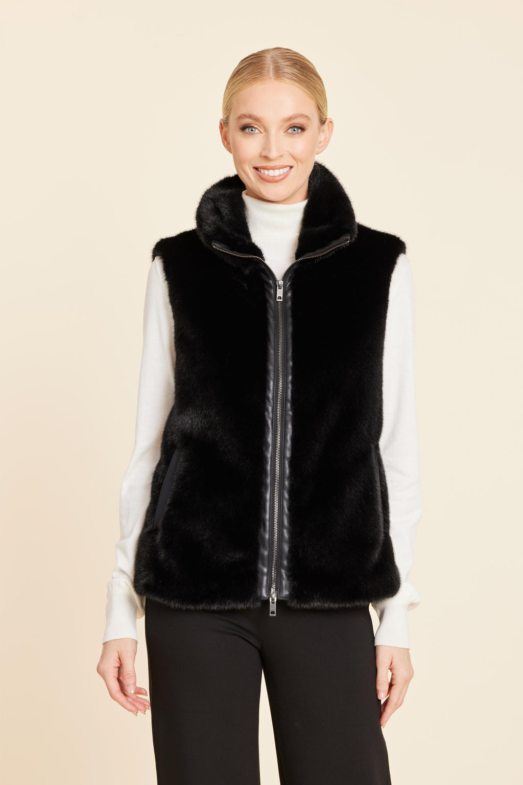 Faux Mink Fur Faux Leather Trim Vest
