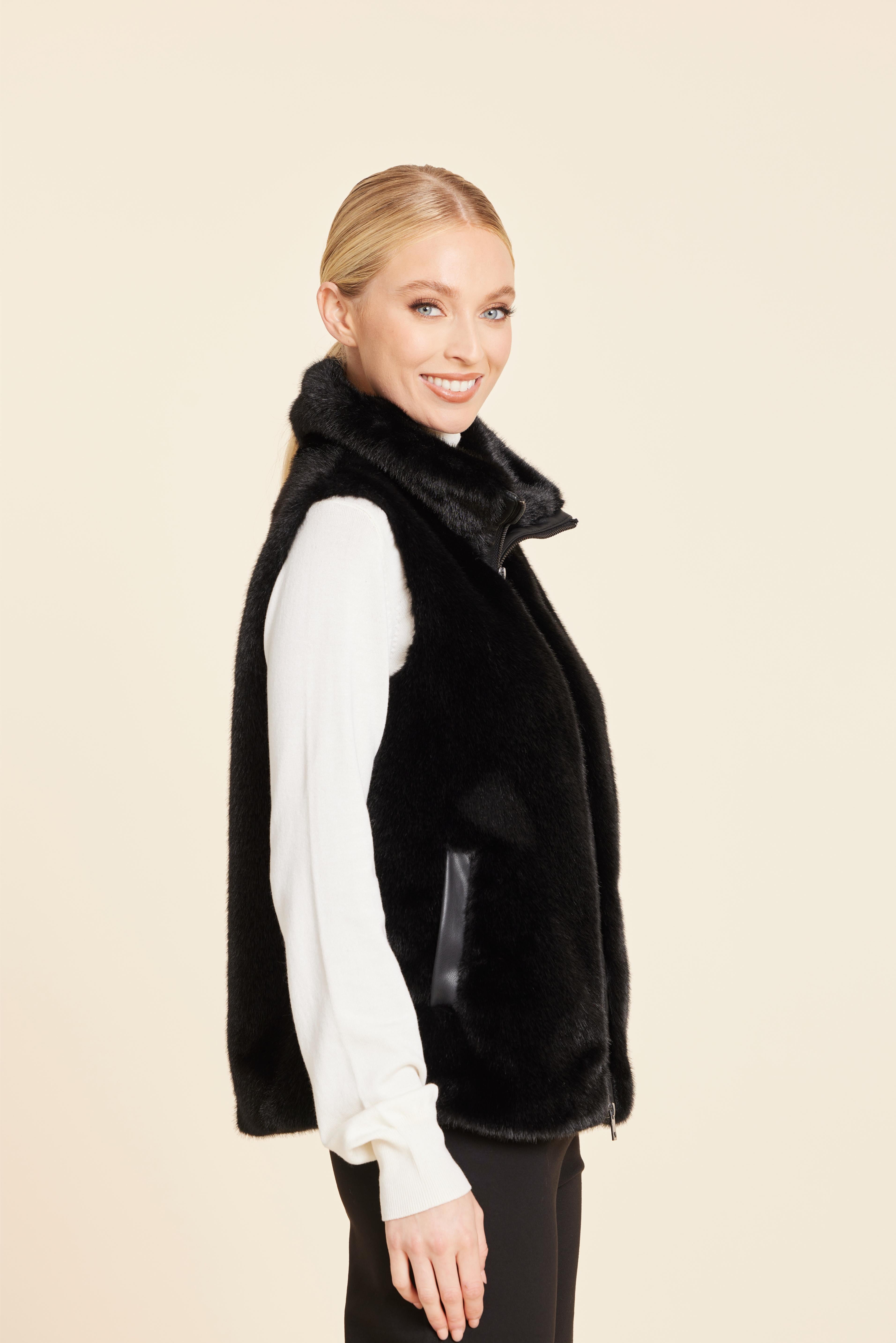 Faux Mink Fur Faux Leather Trim Vest