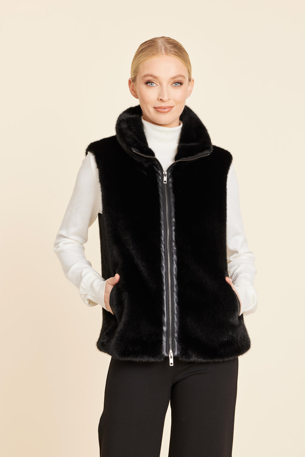 Faux Mink Fur Faux Leather Trim Vest