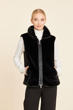 Faux Mink Fur Faux Leather Trim Vest