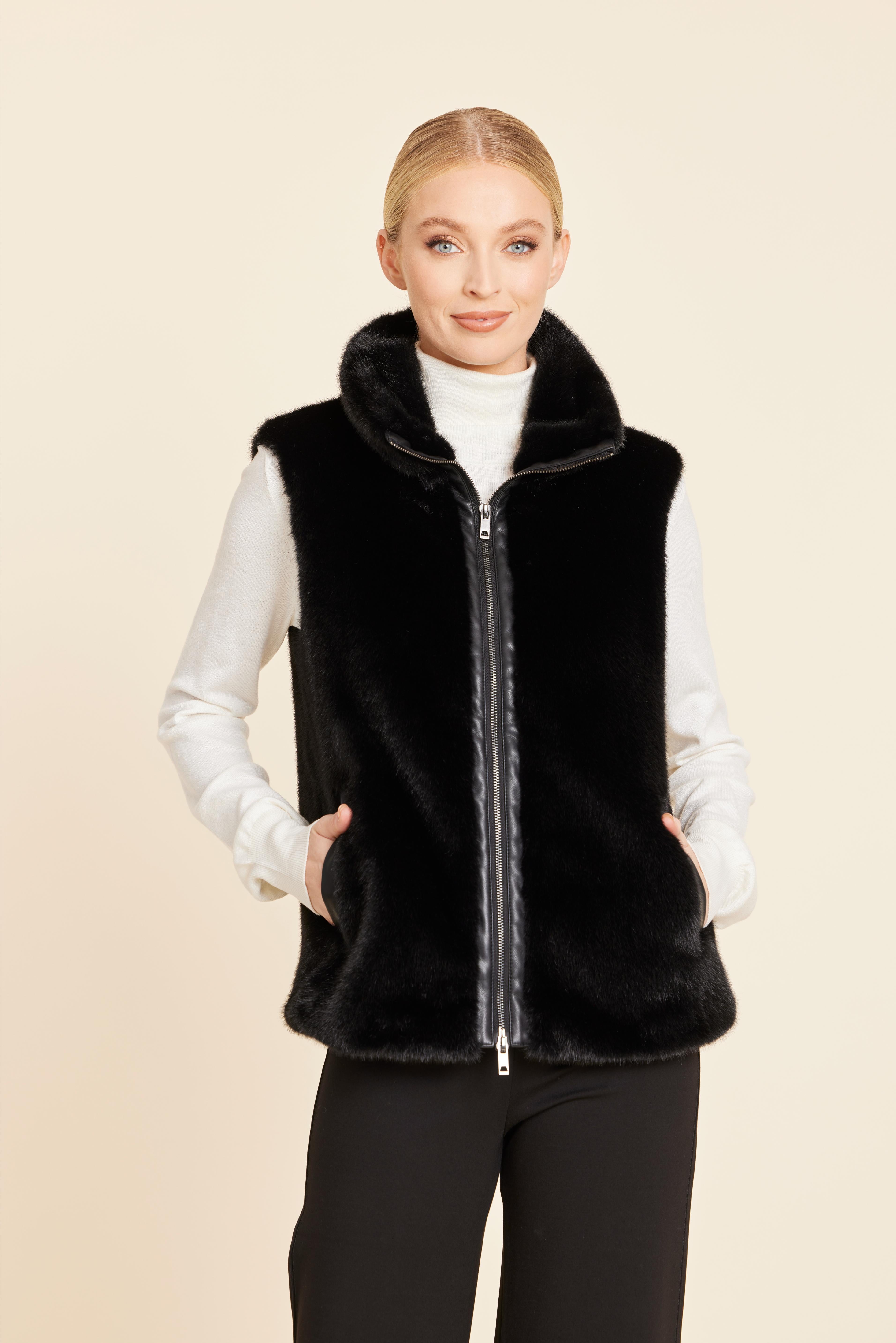 Faux Mink Fur Faux Leather Trim Vest