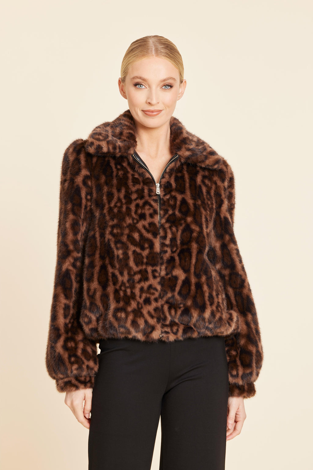 Leopard Faux Fur Zip Up Jacket