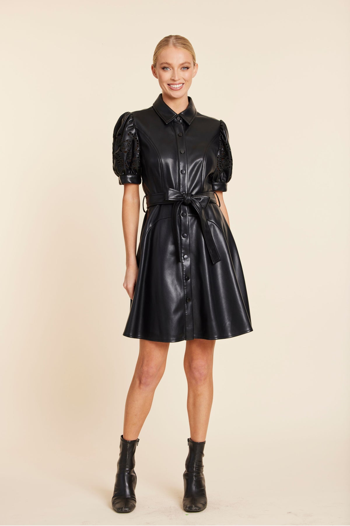 Faux Leather Embroidered Cut Out Sleeve Dress