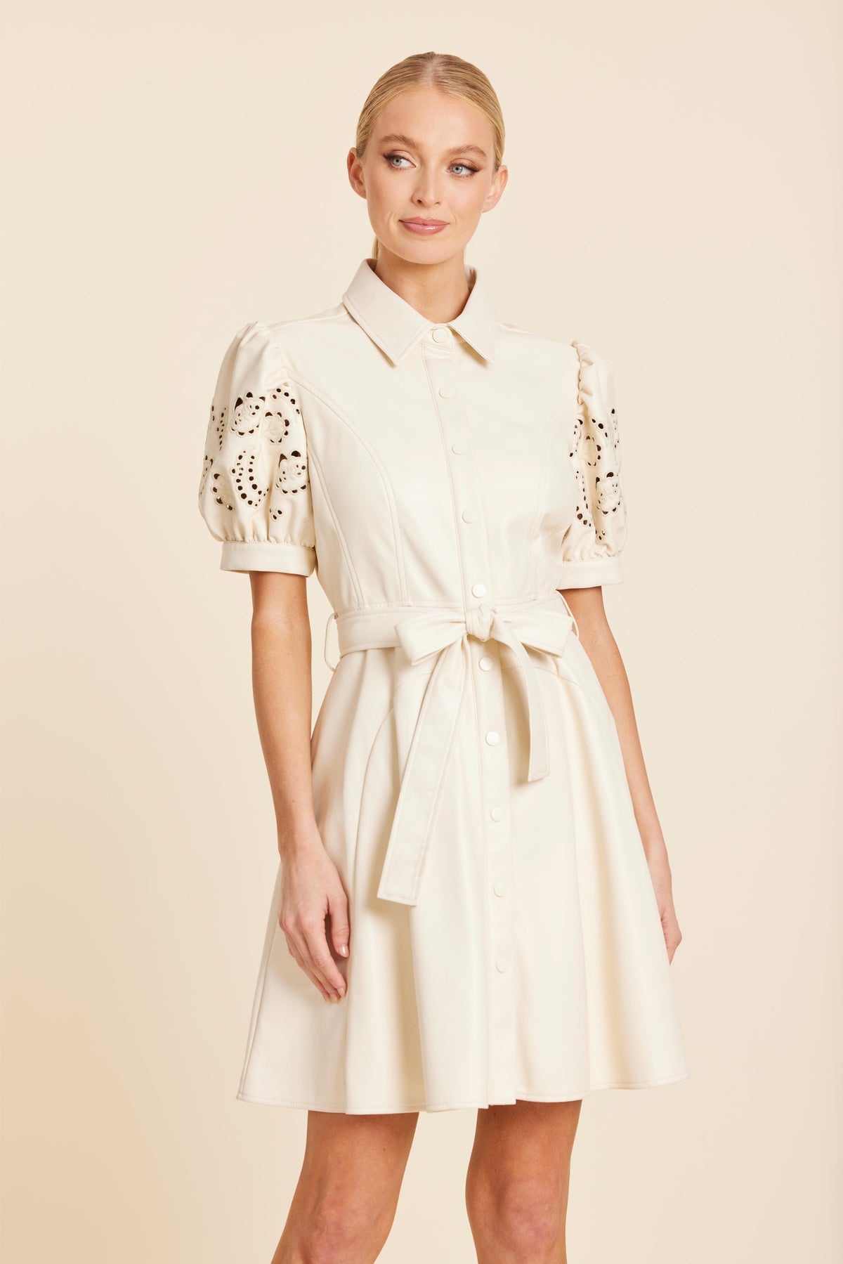 Faux Leather Embroidered Cut Out Sleeve Dress