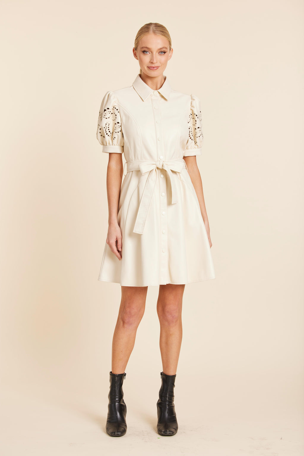 Faux Leather Embroidered Cut Out Sleeve Dress