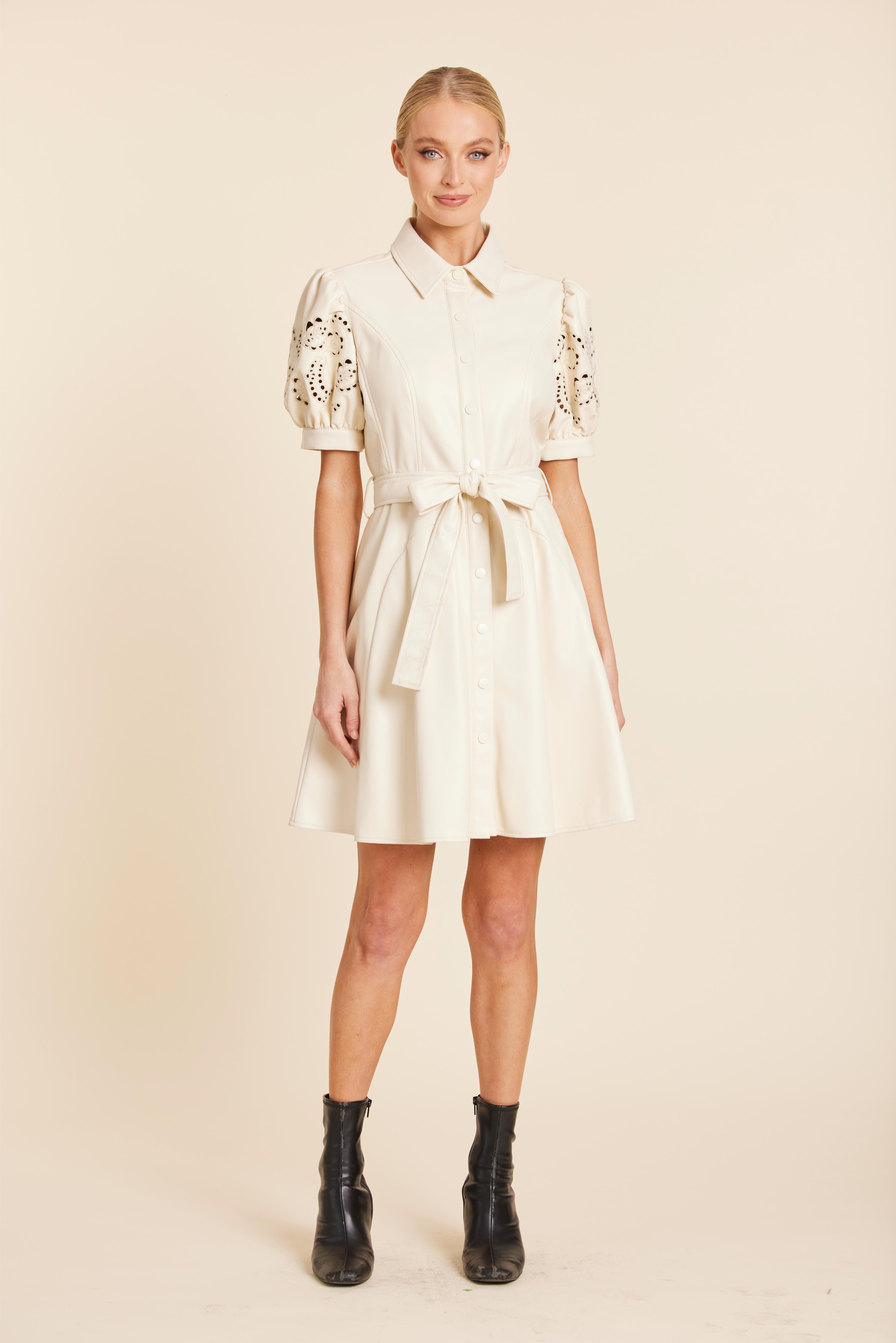 Faux Leather Embroidered Cut Out Sleeve Dress