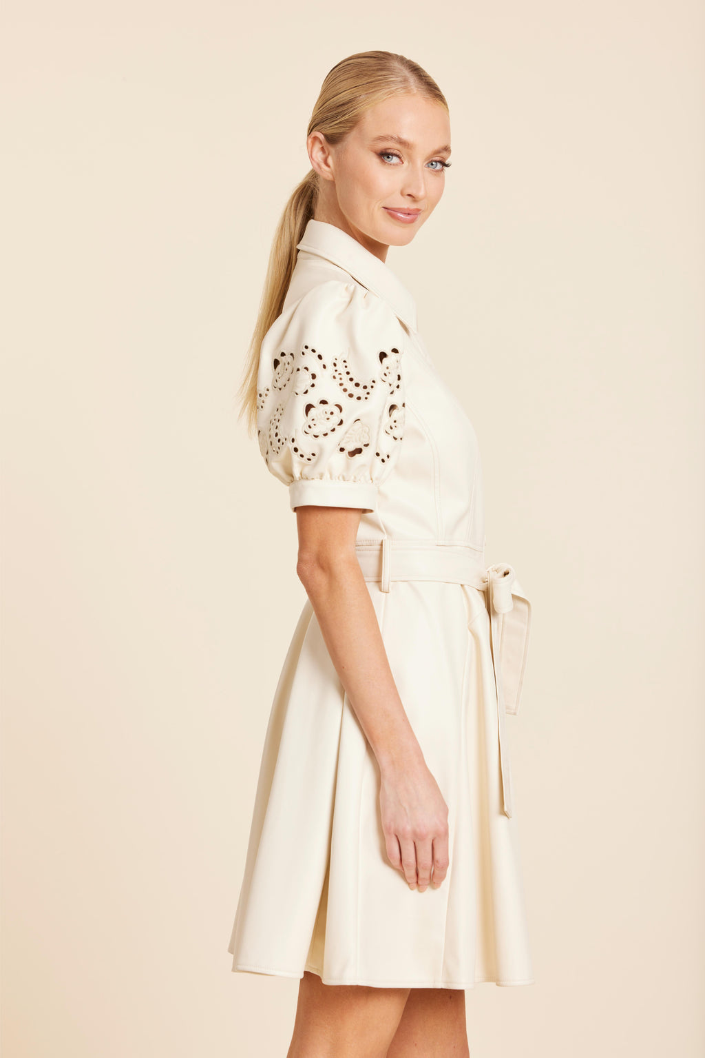 Faux Leather Embroidered Cut Out Sleeve Dress