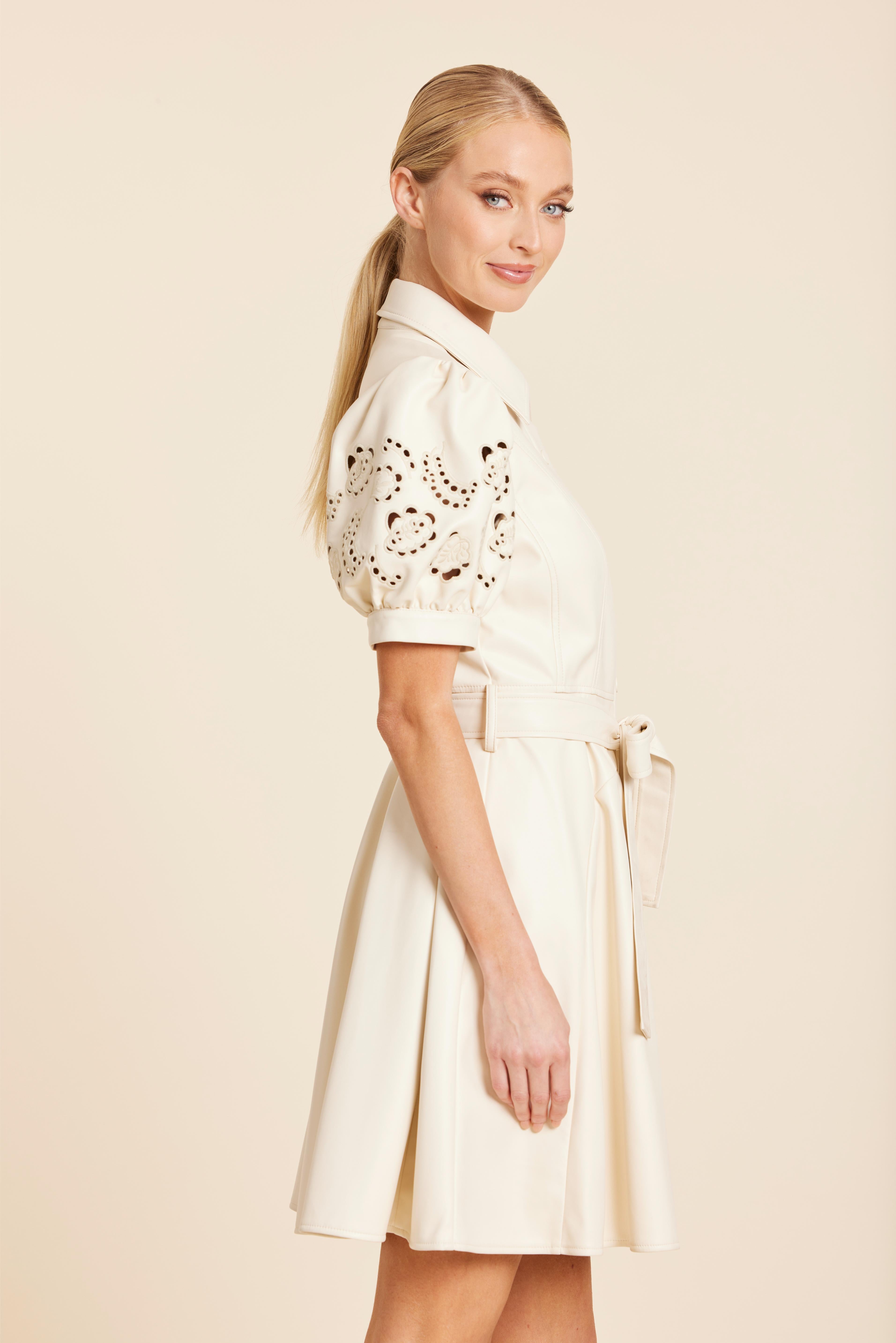 Faux Leather Embroidered Cut Out Sleeve Dress