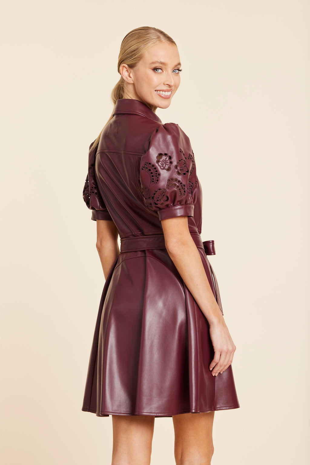 Faux Leather Embroidered Cut Out Sleeve Dress