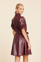 Faux Leather Embroidered Cut Out Sleeve Dress