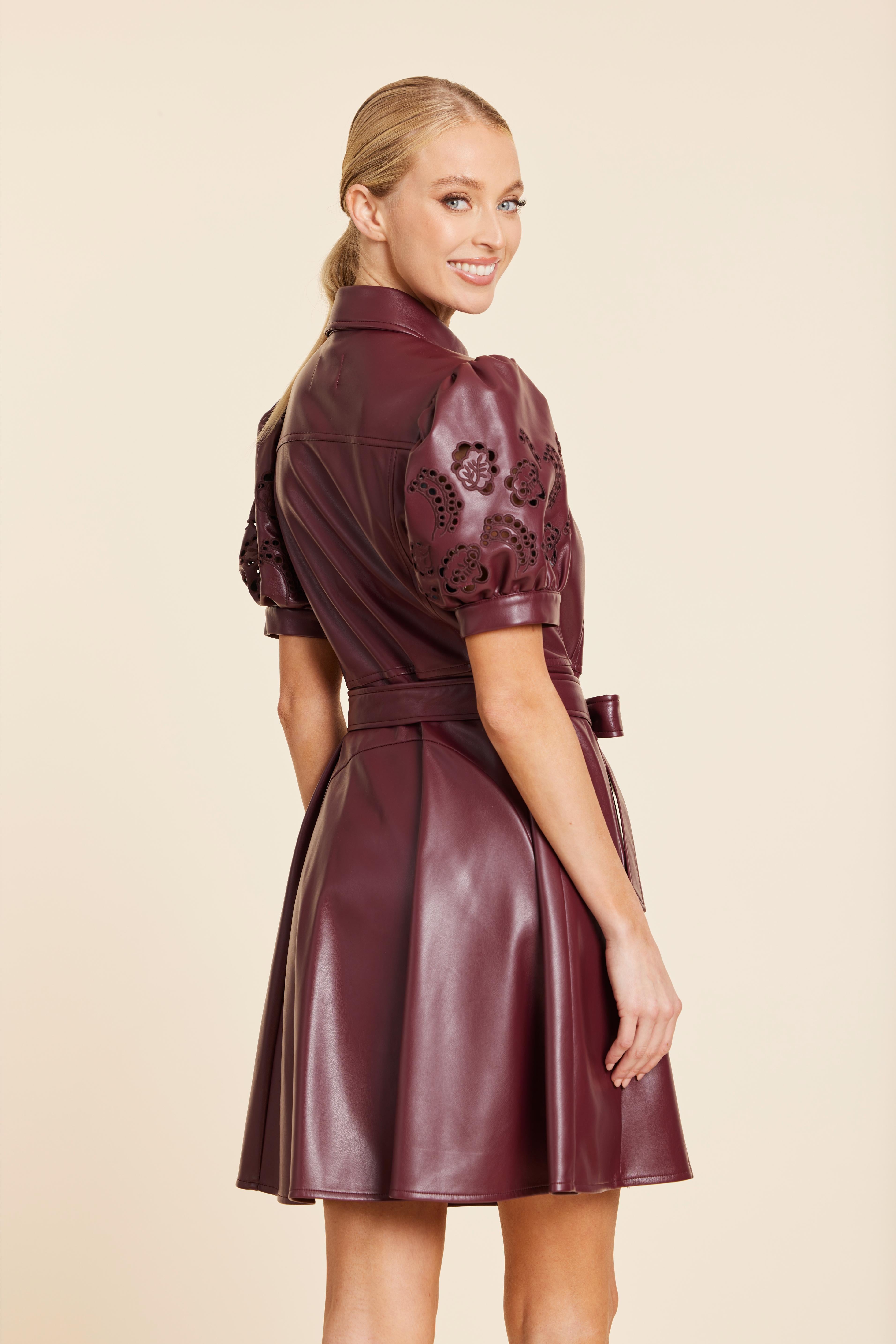 Faux Leather Embroidered Cut Out Sleeve Dress
