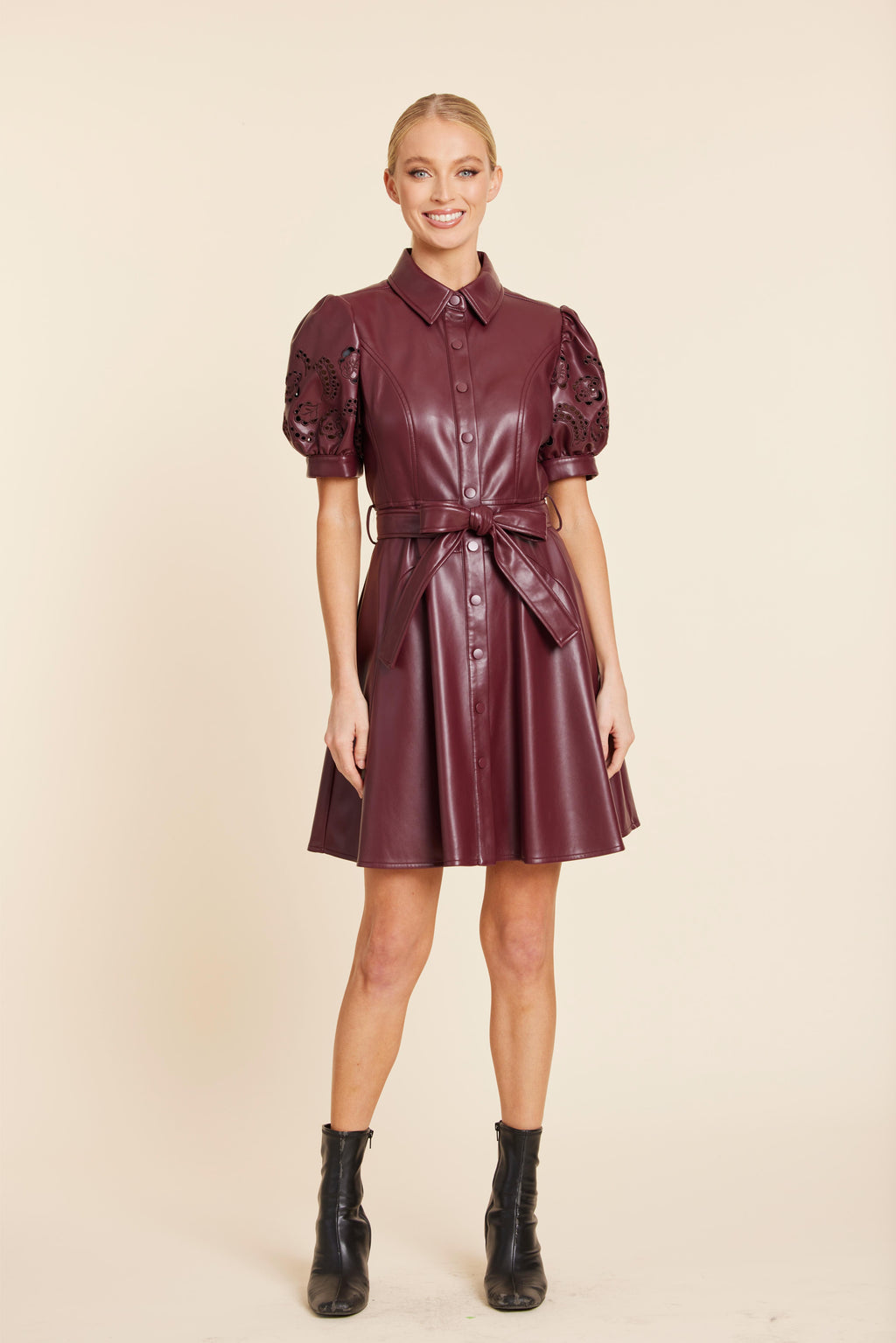 Faux Leather Embroidered Cut Out Sleeve Dress