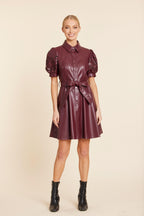 Faux Leather Embroidered Cut Out Sleeve Dress