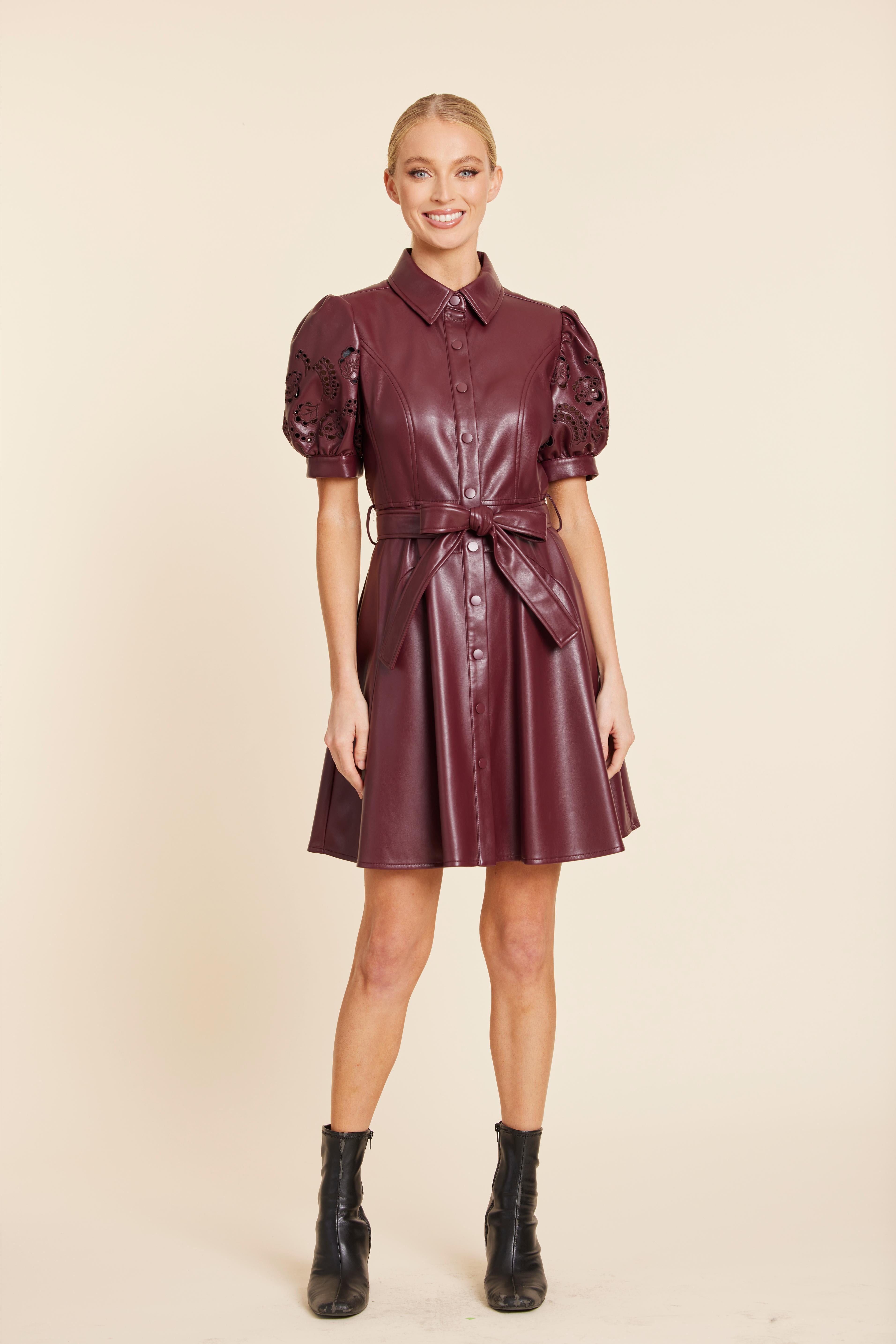 Faux Leather Embroidered Cut Out Sleeve Dress