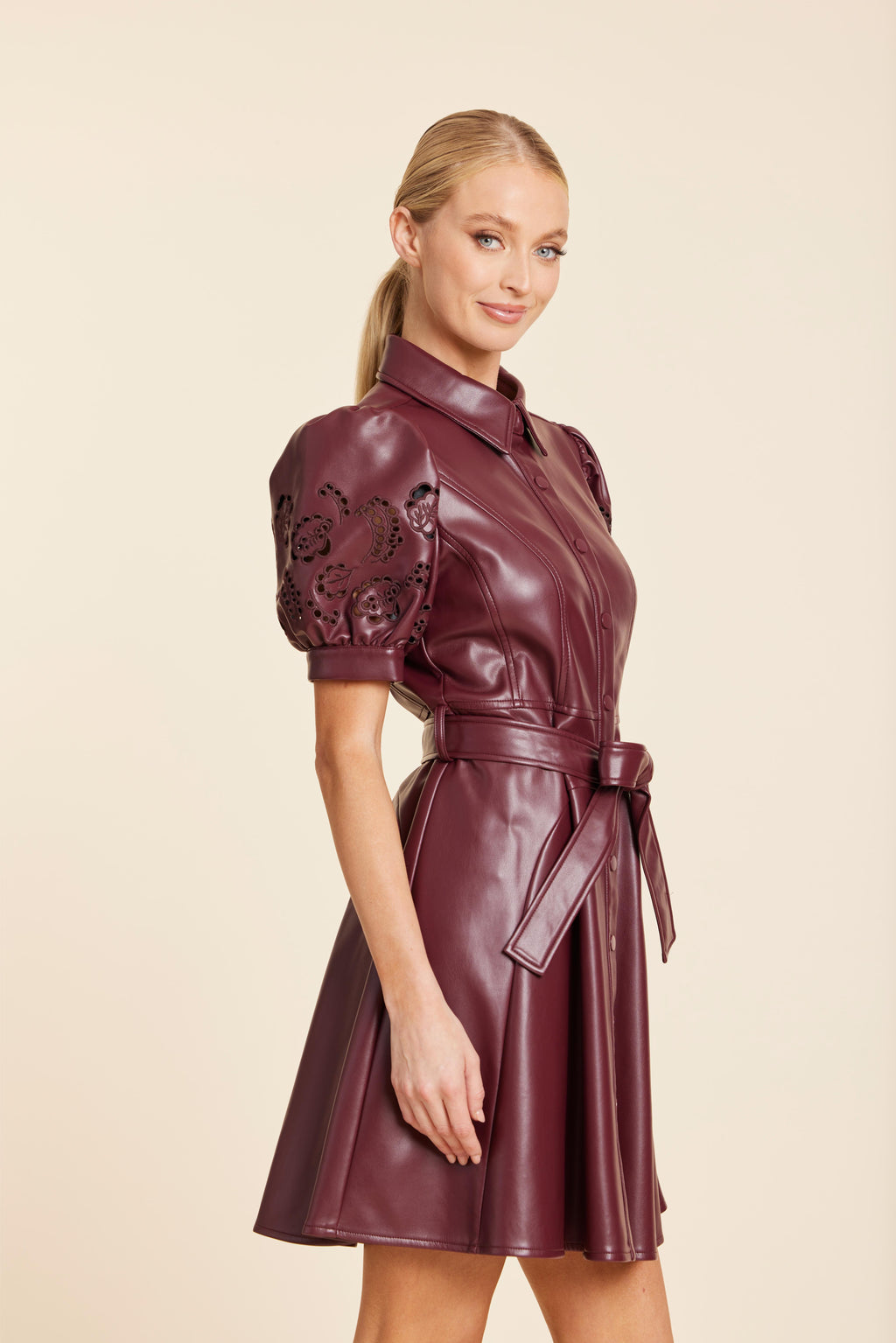 Faux Leather Embroidered Cut Out Sleeve Dress