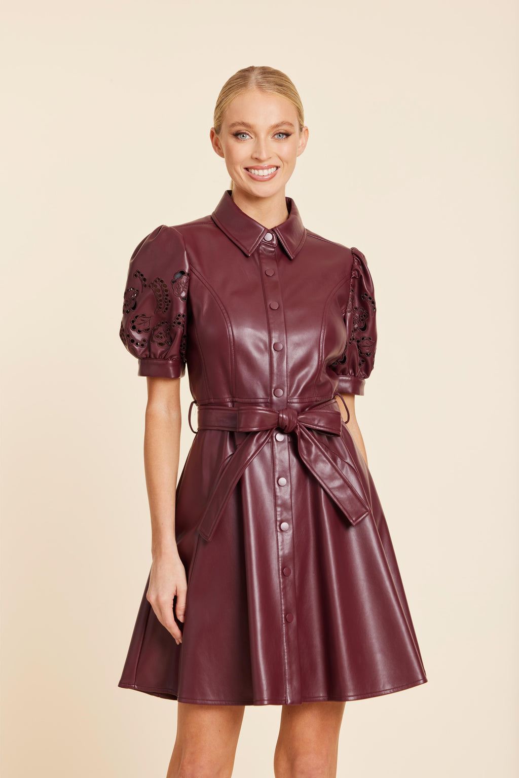 Faux Leather Embroidered Cut Out Sleeve Dress