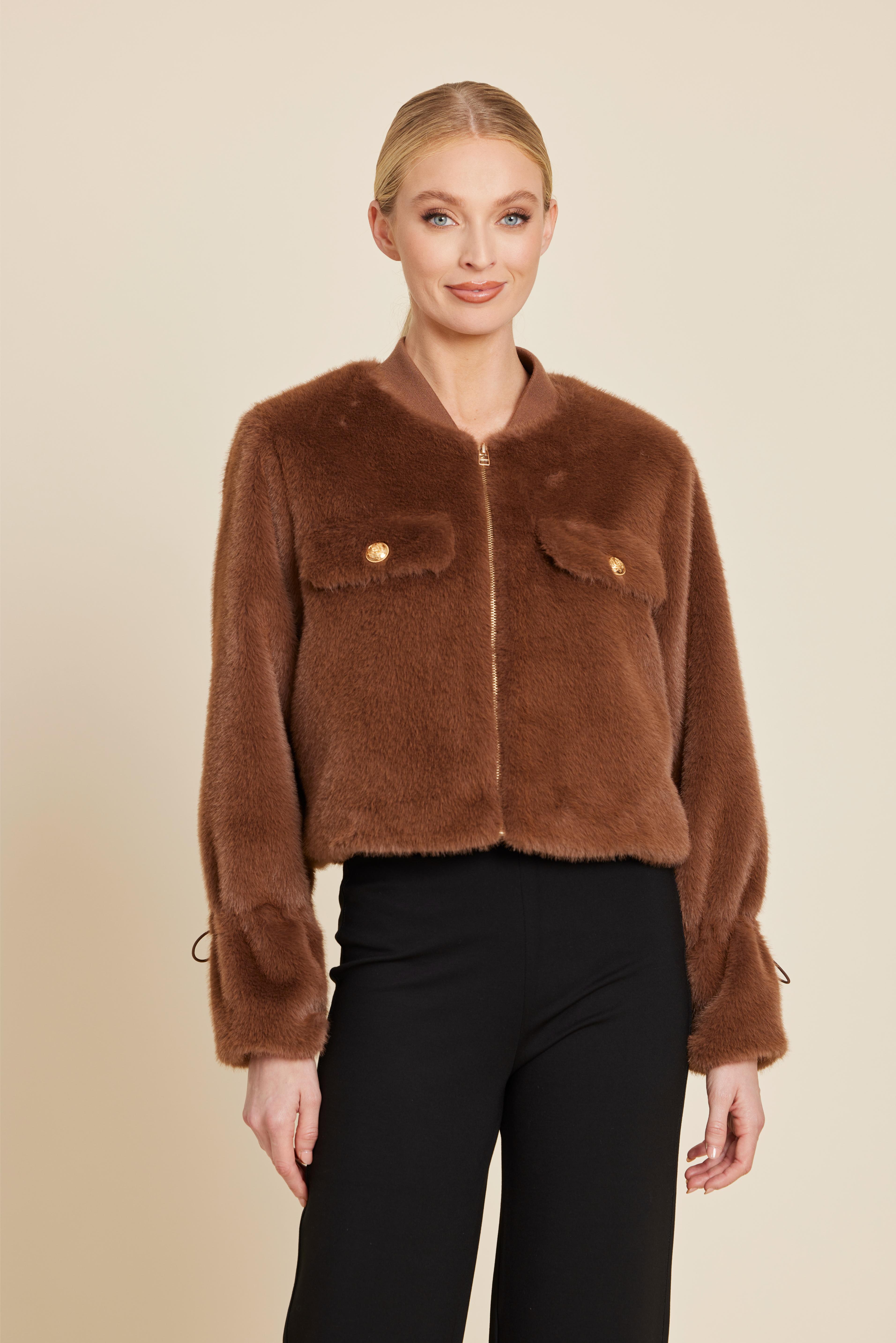 Faux Fur Cinched Sleeve Zip Jacket