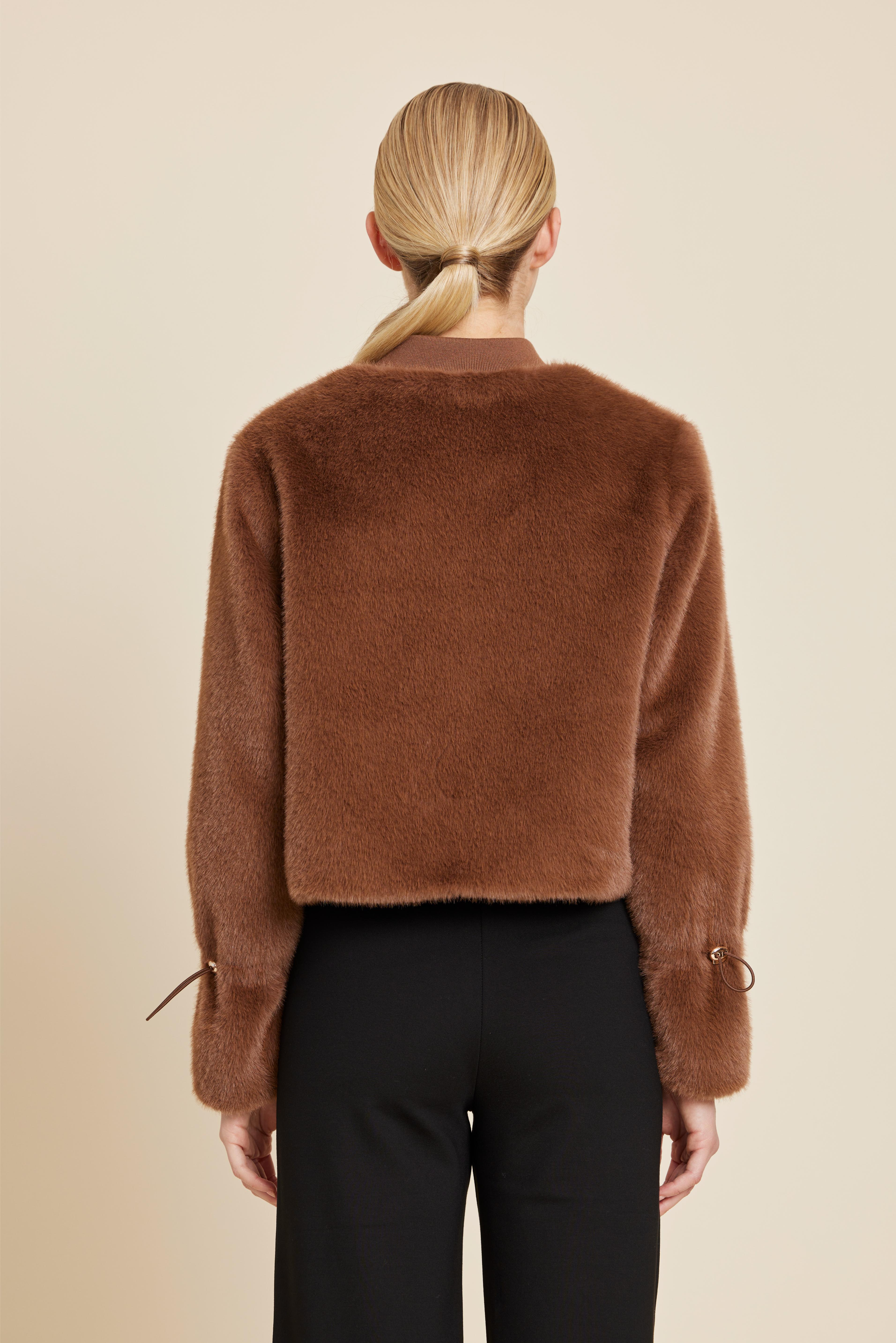 Faux Fur Cinched Sleeve Zip Jacket