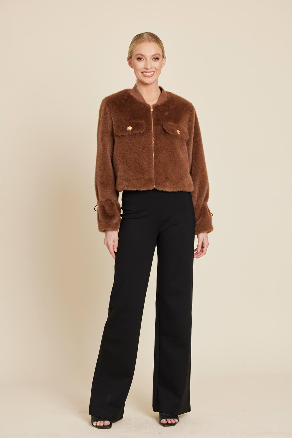 Faux Fur Cinched Sleeve Zip Jacket