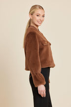 Faux Fur Cinched Sleeve Zip Jacket