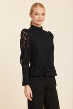 Floral Lace Pearl Button Longsleeve Peplum Top