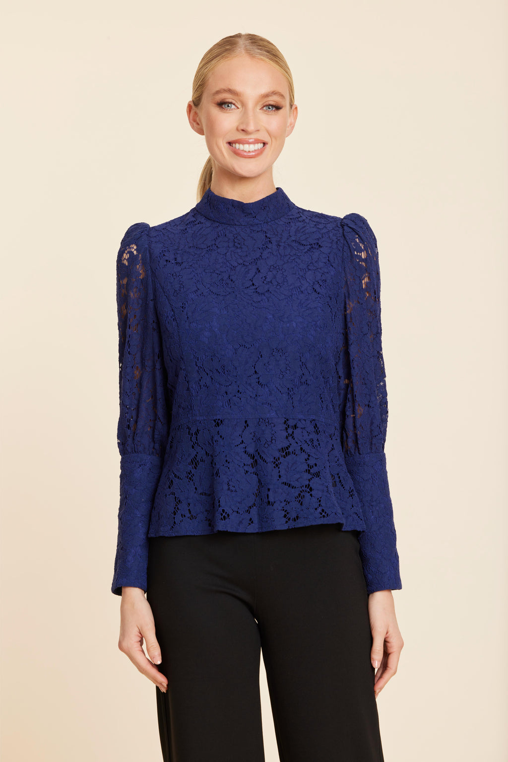 Floral Lace Pearl Button Longsleeve Peplum Top