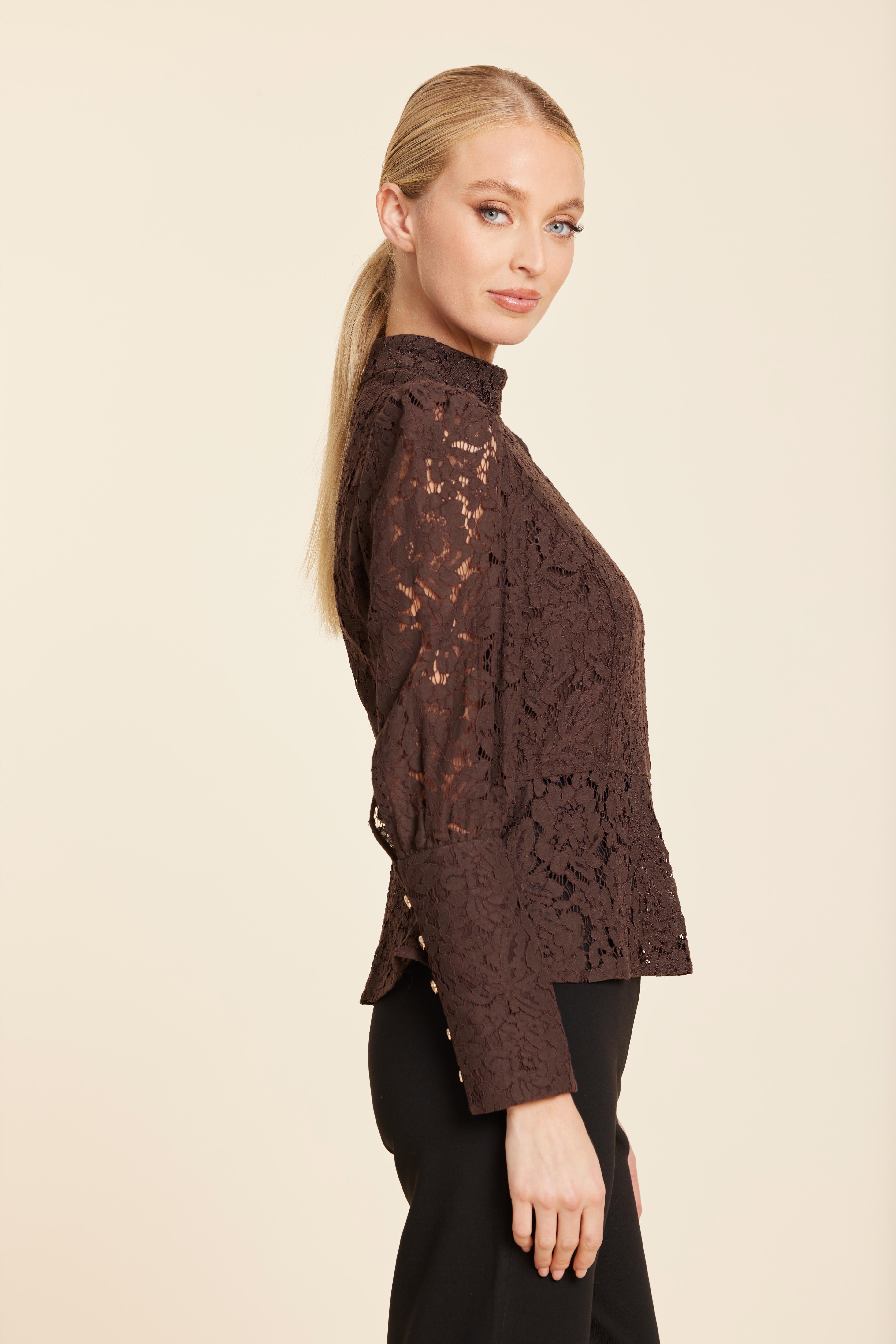 Floral Lace Pearl Button Longsleeve Peplum Top