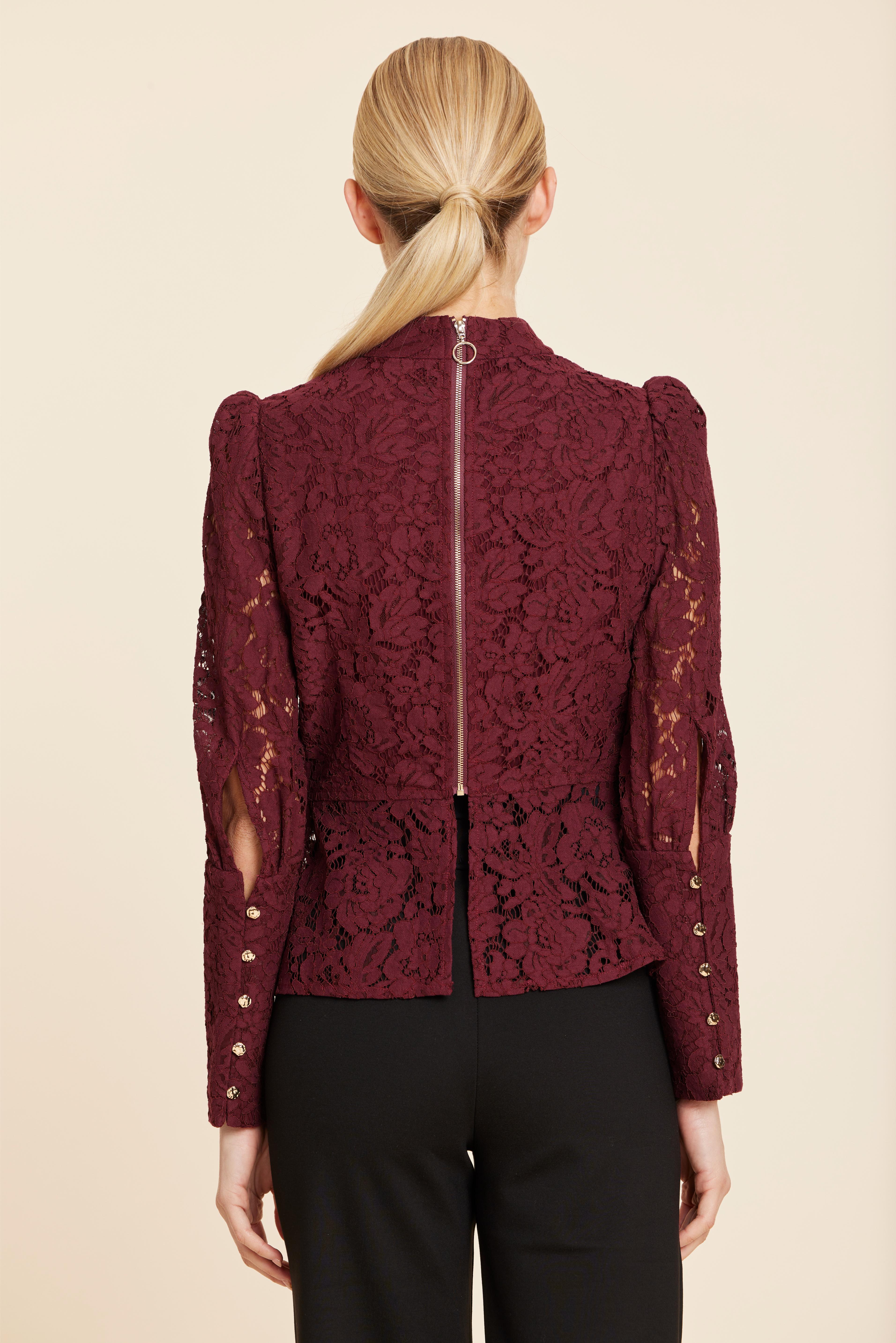 Floral Lace Pearl Button Longsleeve Peplum Top