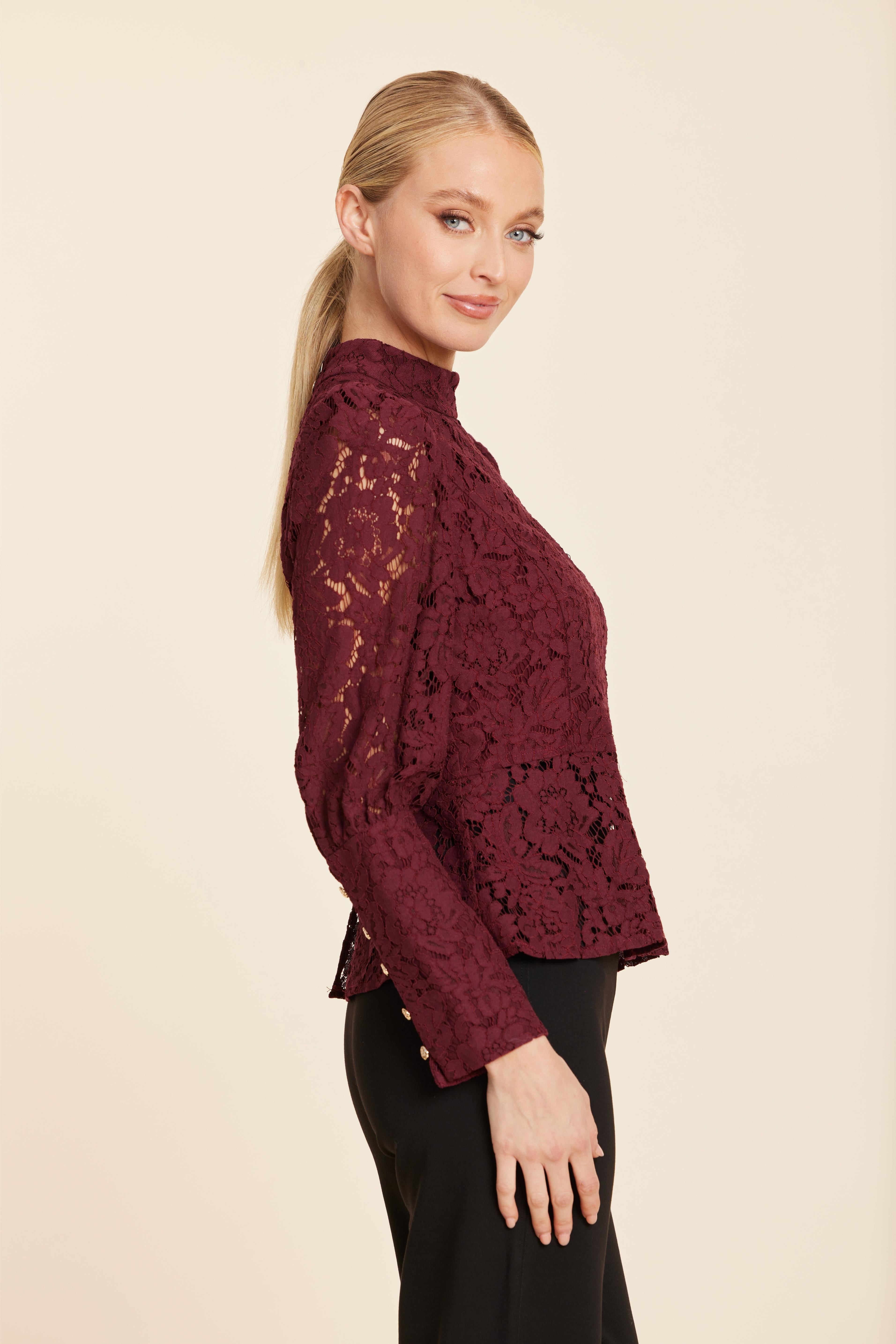 Floral Lace Pearl Button Longsleeve Peplum Top