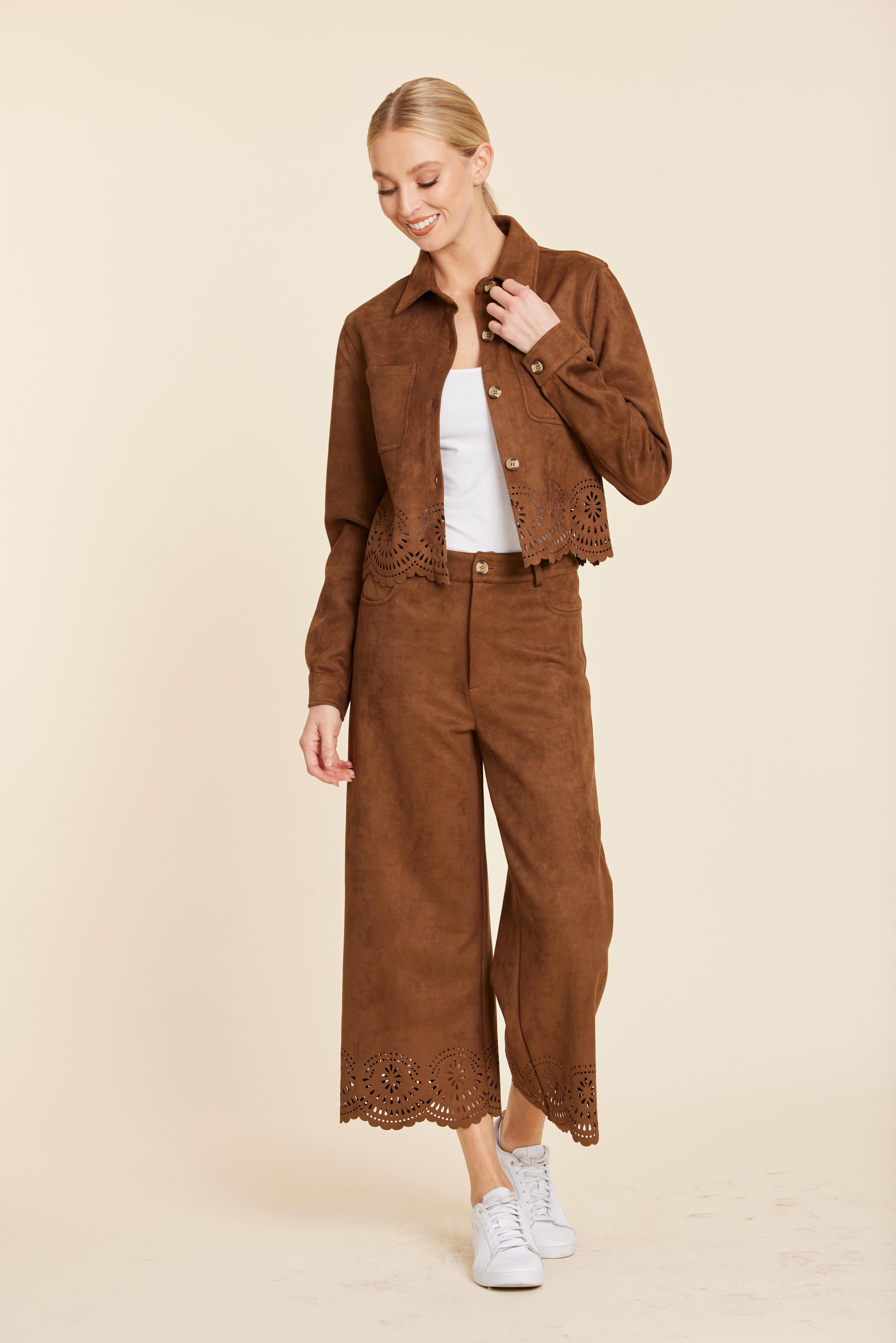 Faux Suede Laser Cut Pant Set