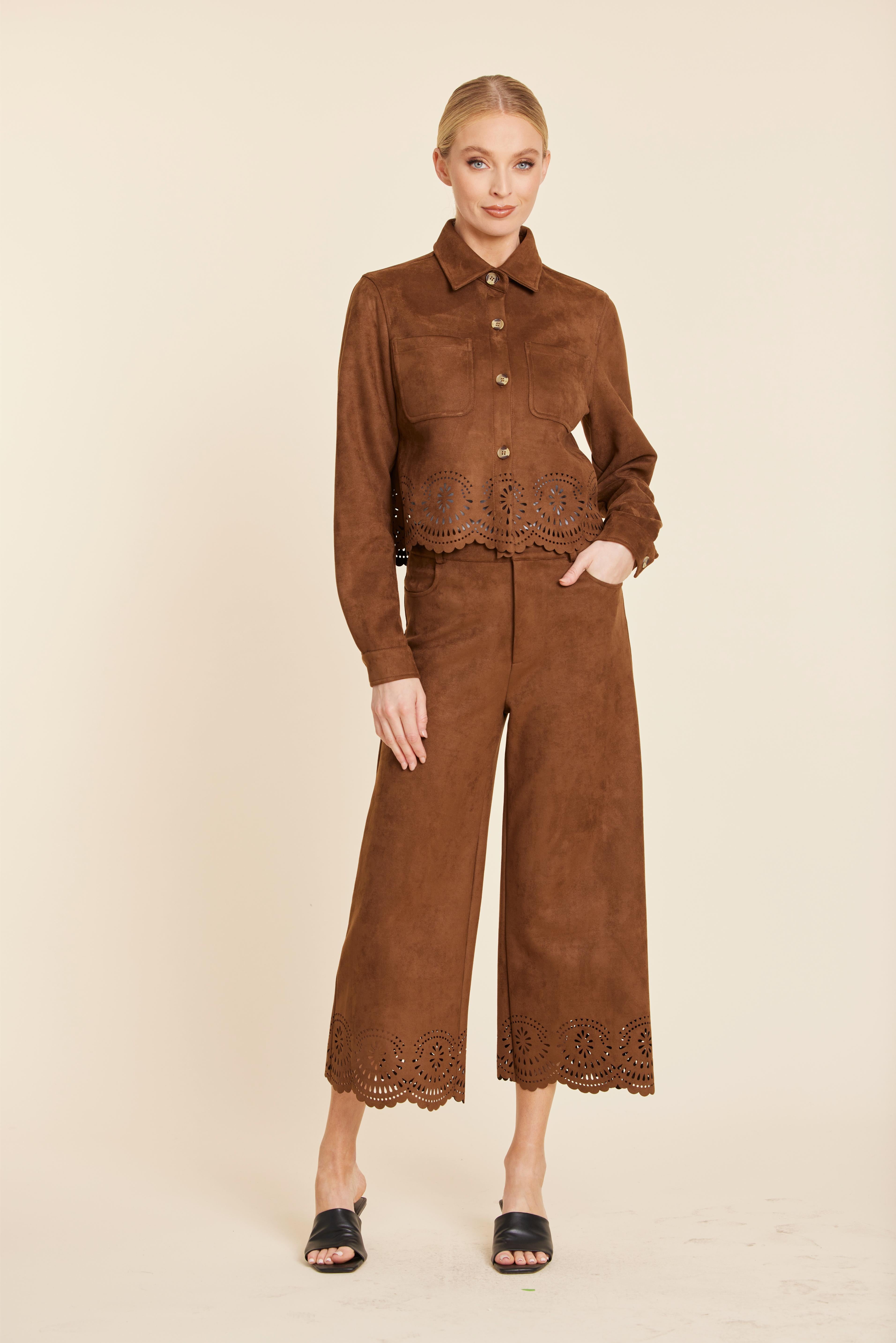 Faux Suede Laser Cut Pant Set