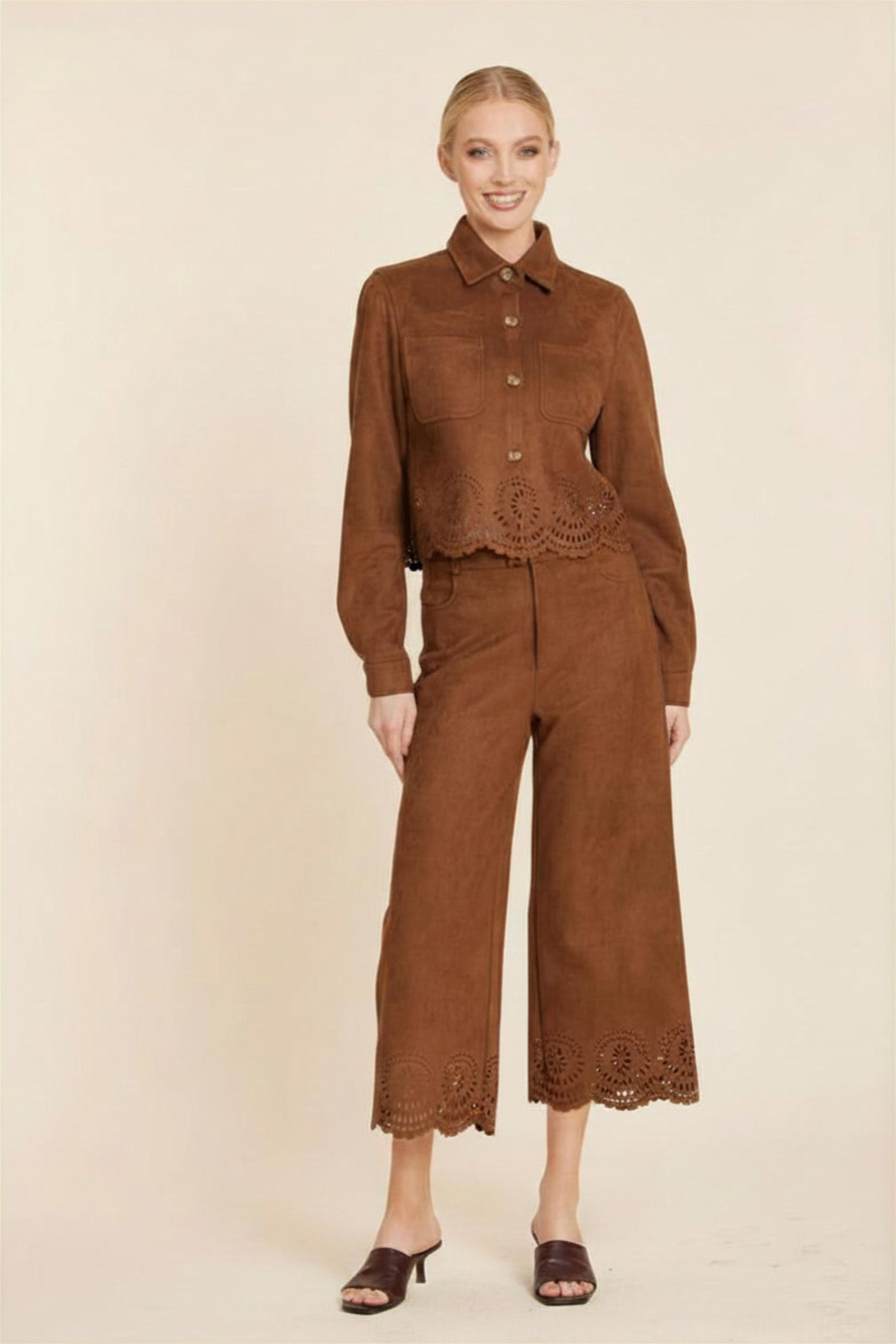 Faux Suede Laser Cut Pant Set