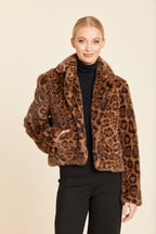 Leopard Plush Faux Fur Notch Collar Jacket