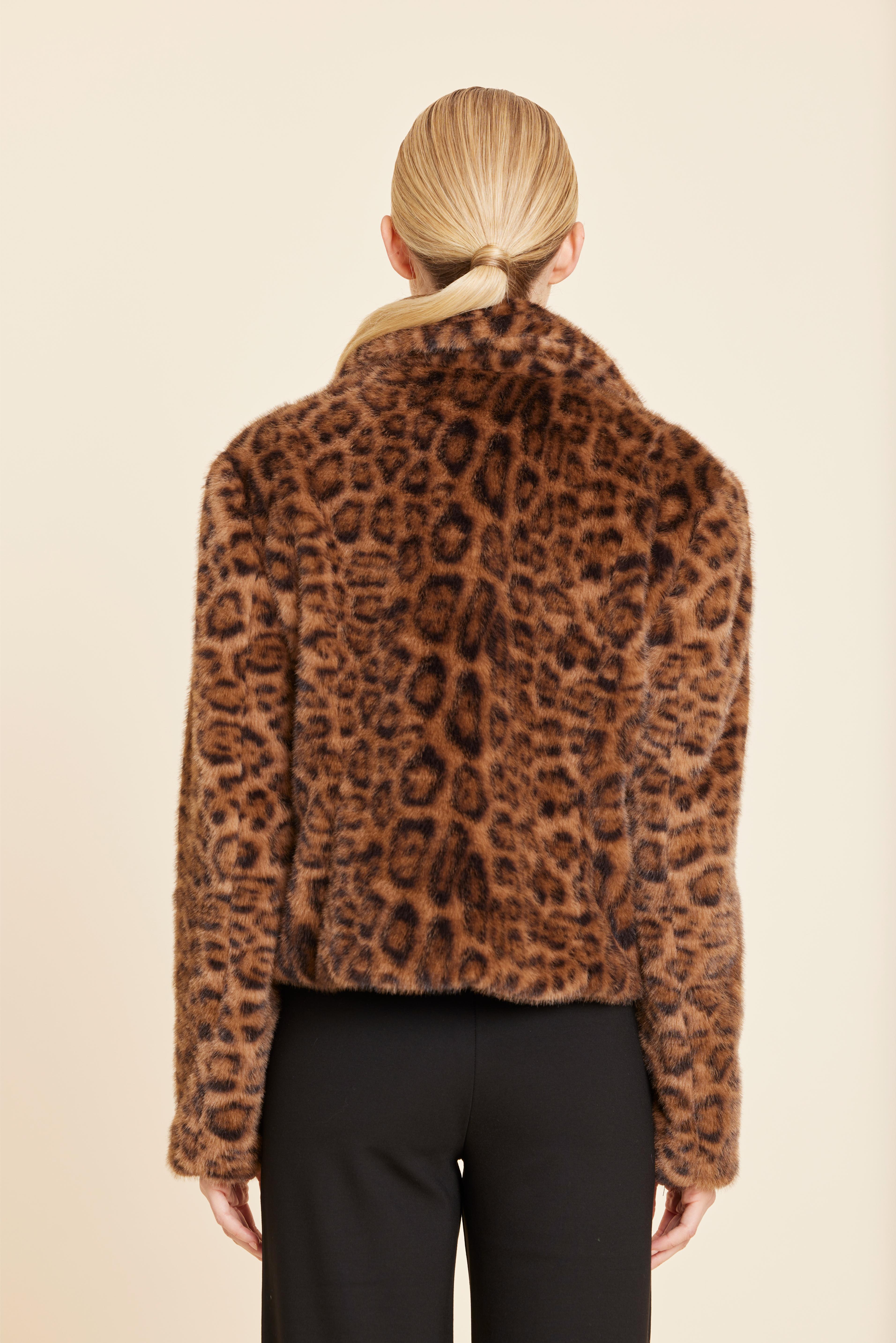 Leopard Plush Faux Fur Notch Collar Jacket