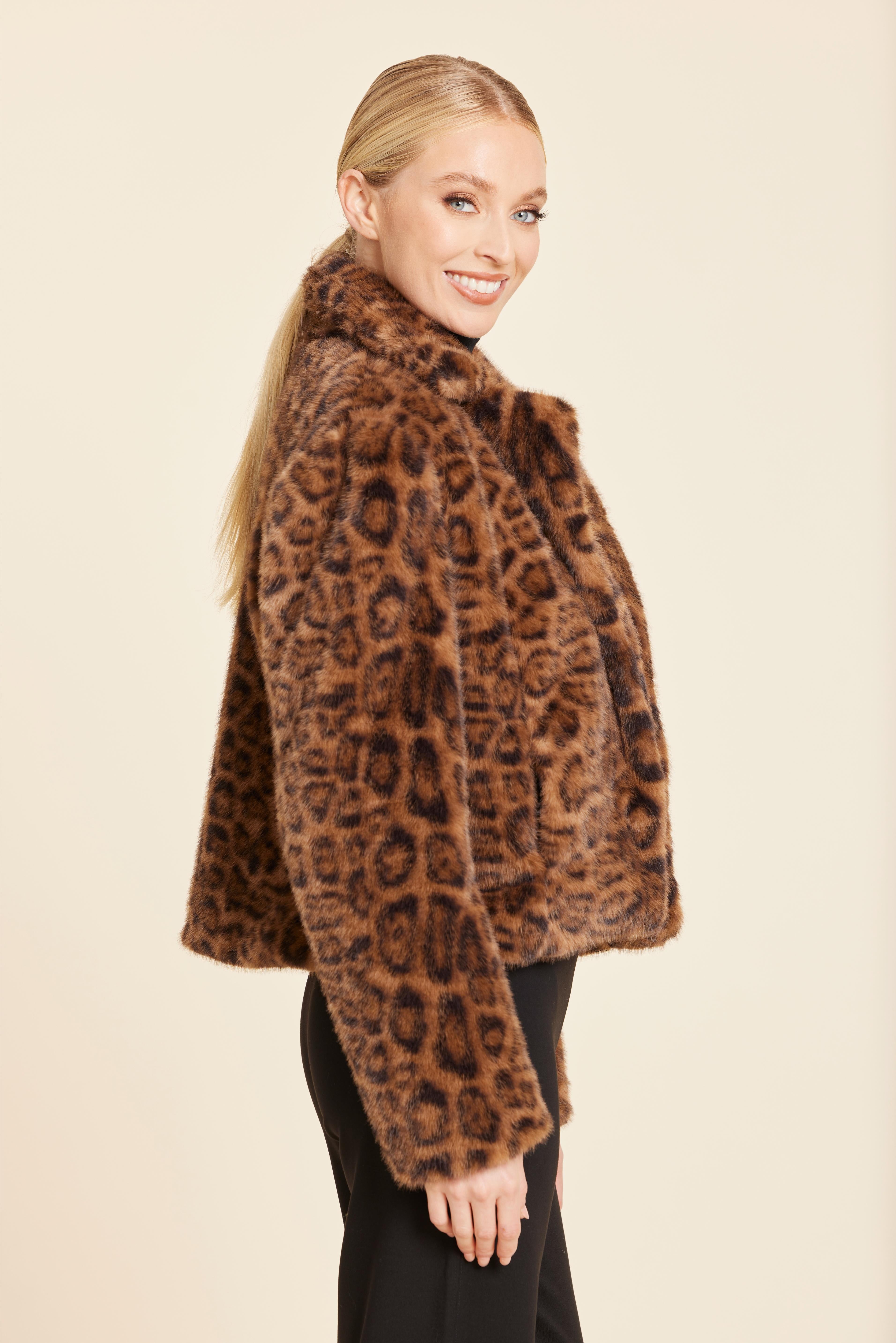 Leopard Plush Faux Fur Notch Collar Jacket
