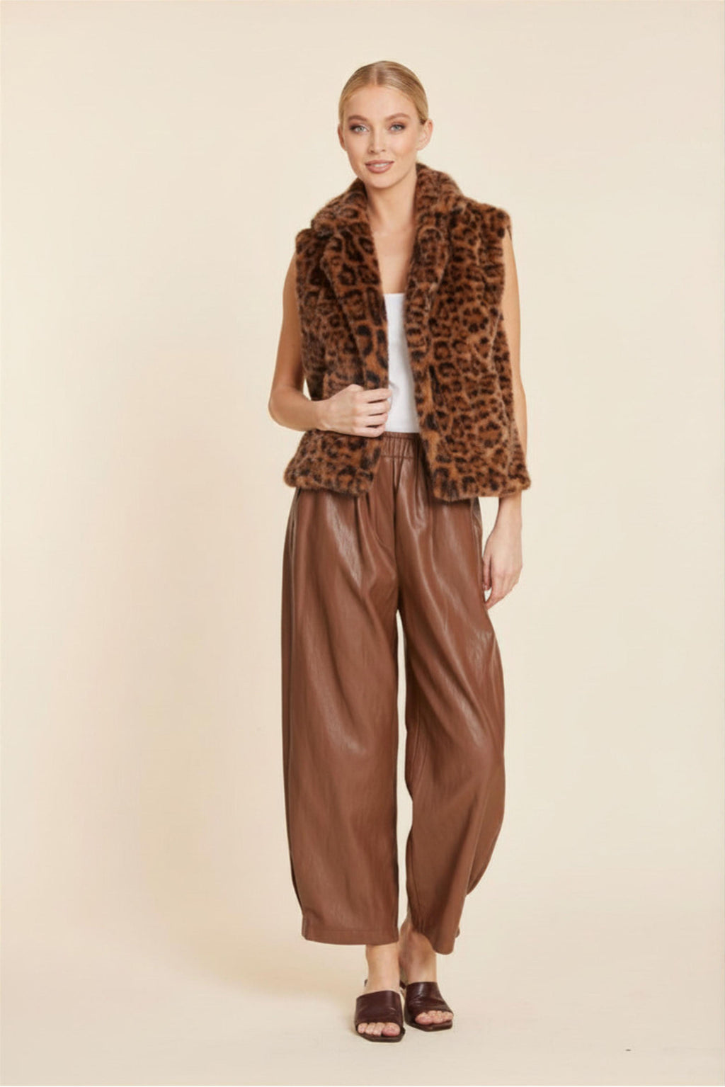 Leopard Plush Faux Fur Notch Collar Vest