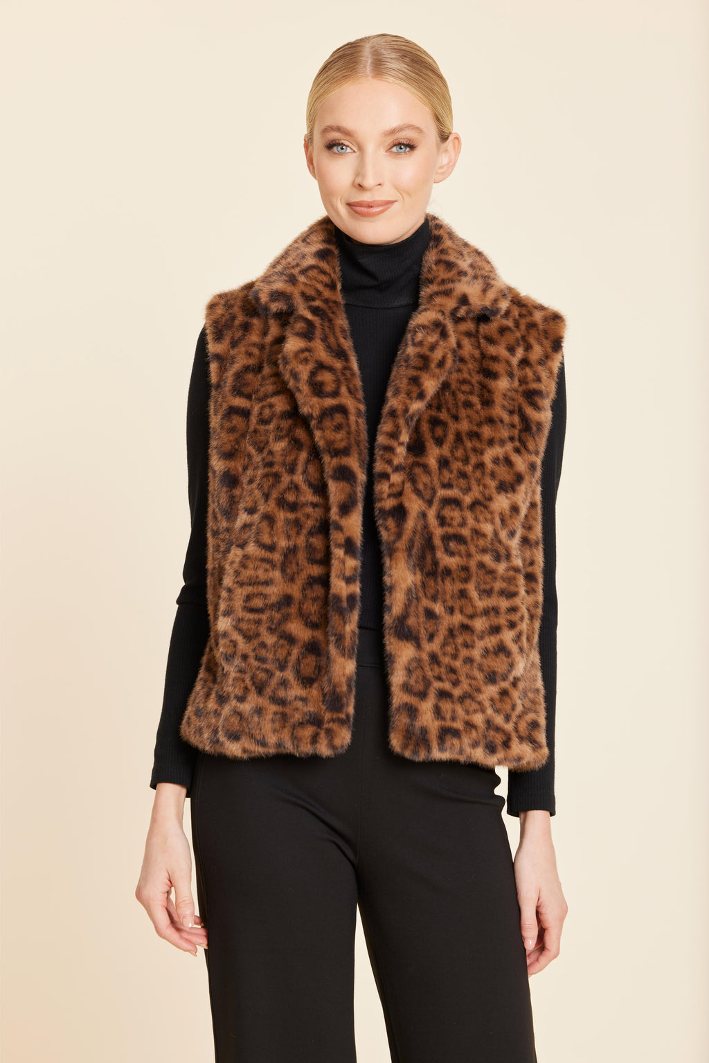 Leopard Plush Faux Fur Notch Collar Vest