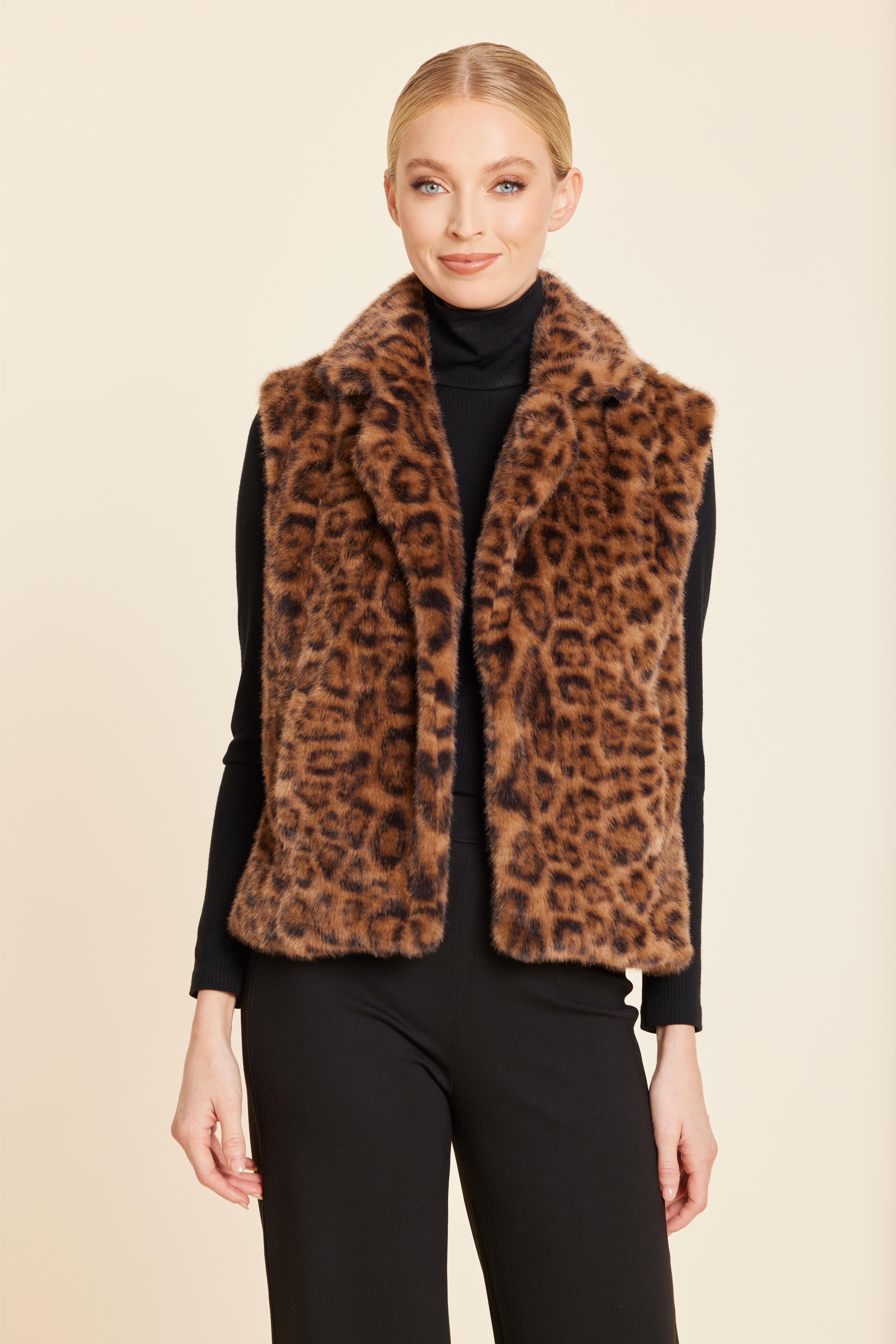 Leopard Plush Faux Fur Notch Collar Vest