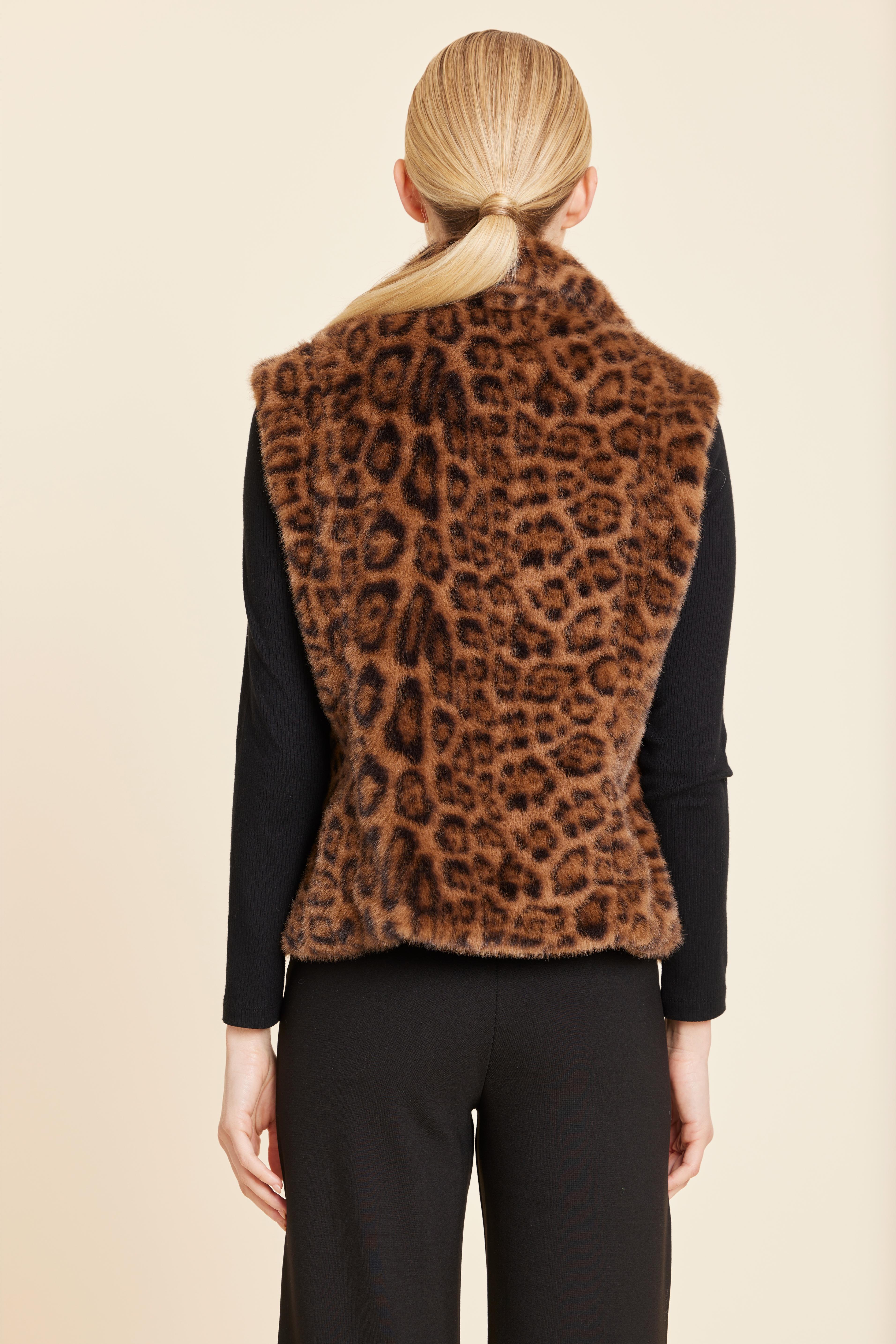 Leopard Plush Faux Fur Notch Collar Vest