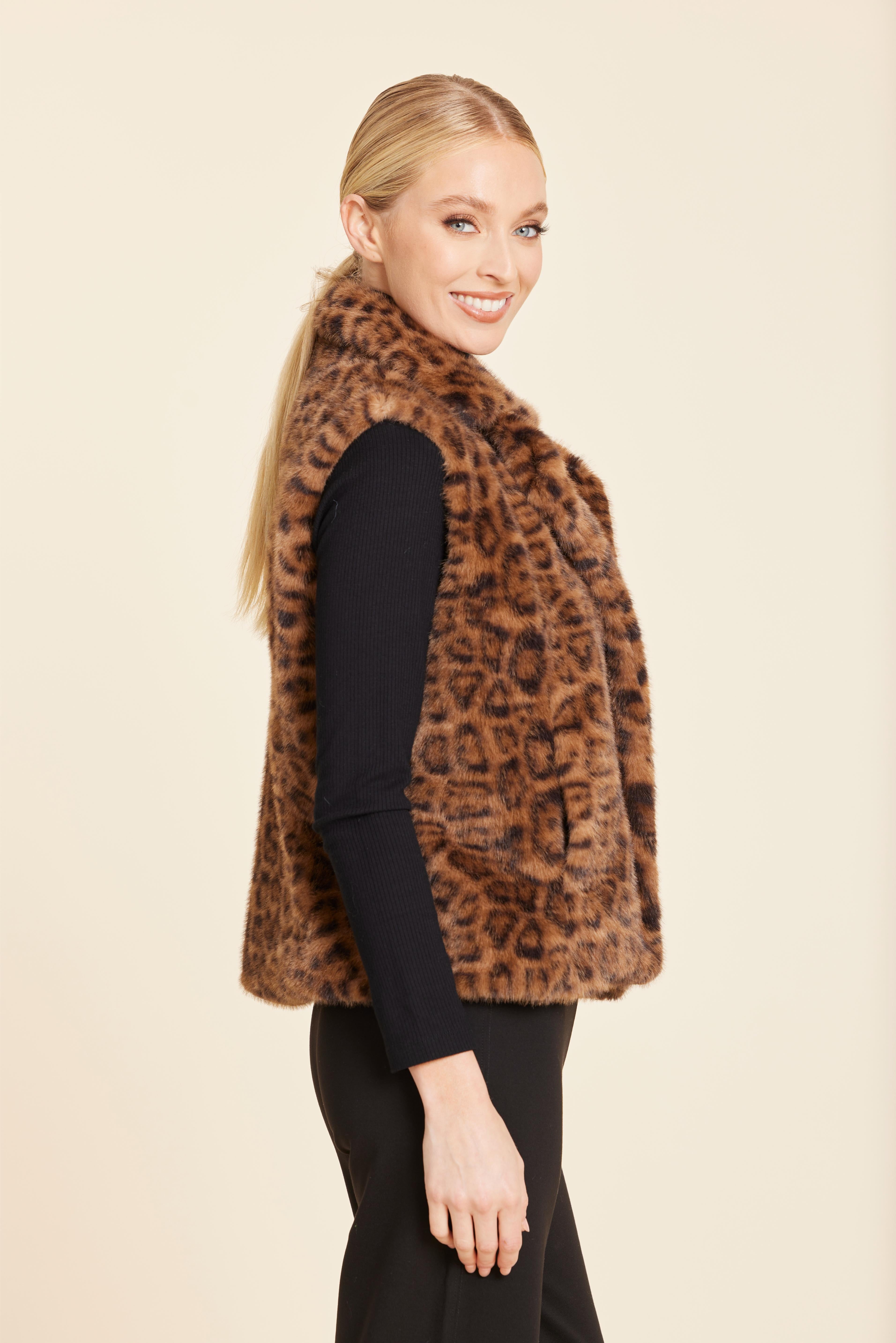 Leopard Plush Faux Fur Notch Collar Vest
