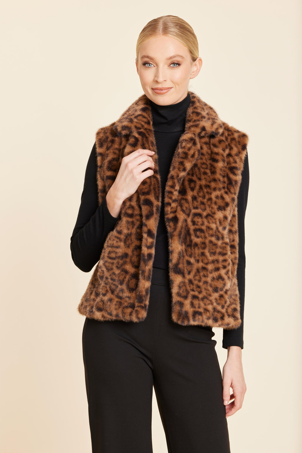 Leopard Plush Faux Fur Notch Collar Vest